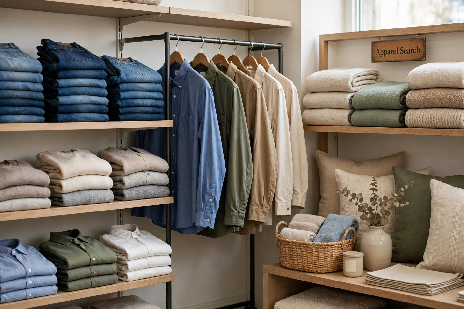 A classic American department store clothing floor with folded apparel, hanging garments and home furnishings displays and a small Apparel Search sign, product photography with no people