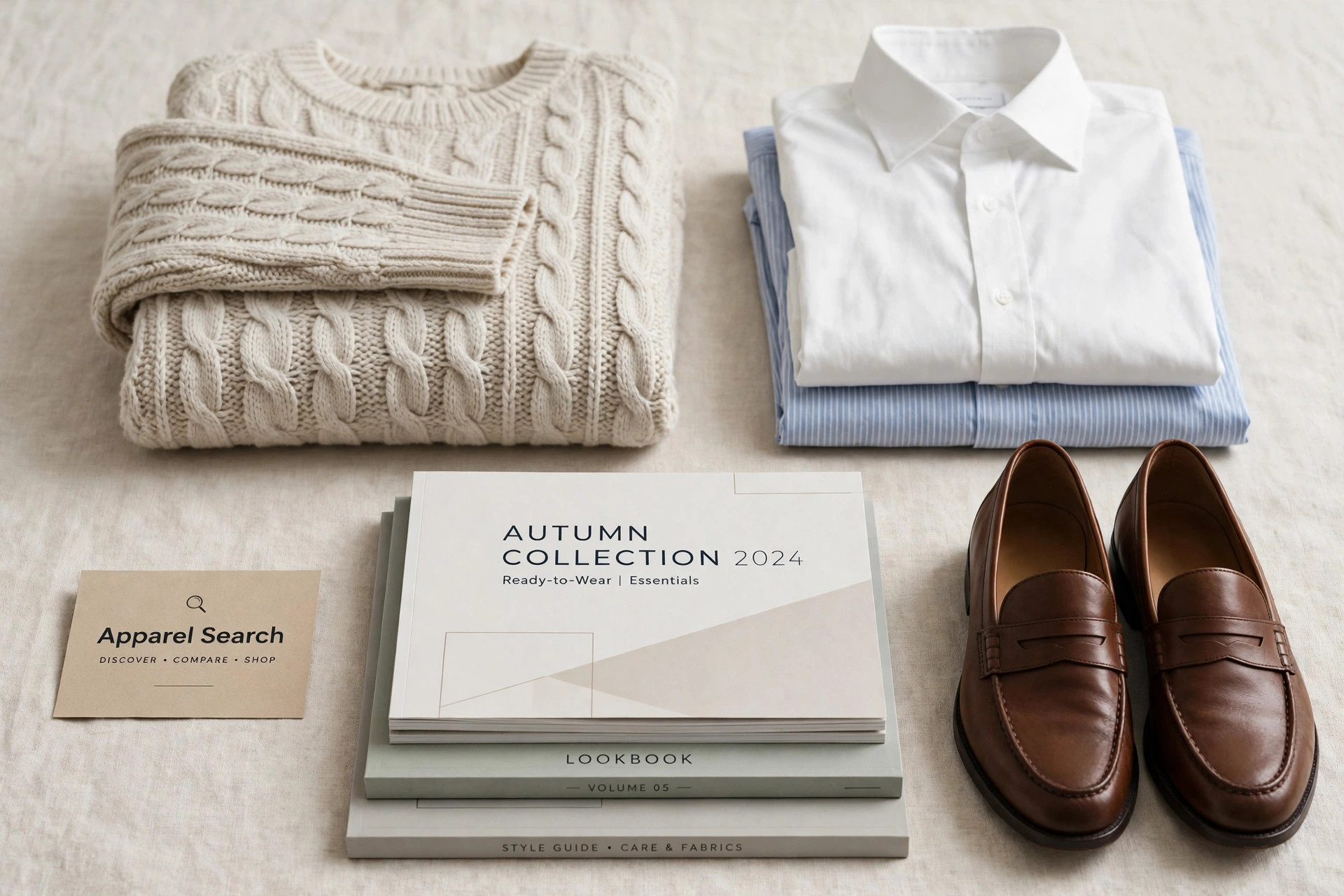 A catalogue-style clothing display with folded knitwear, tailored shirts and shoes beside printed catalogues and a small Apparel Search card, product photography with no people