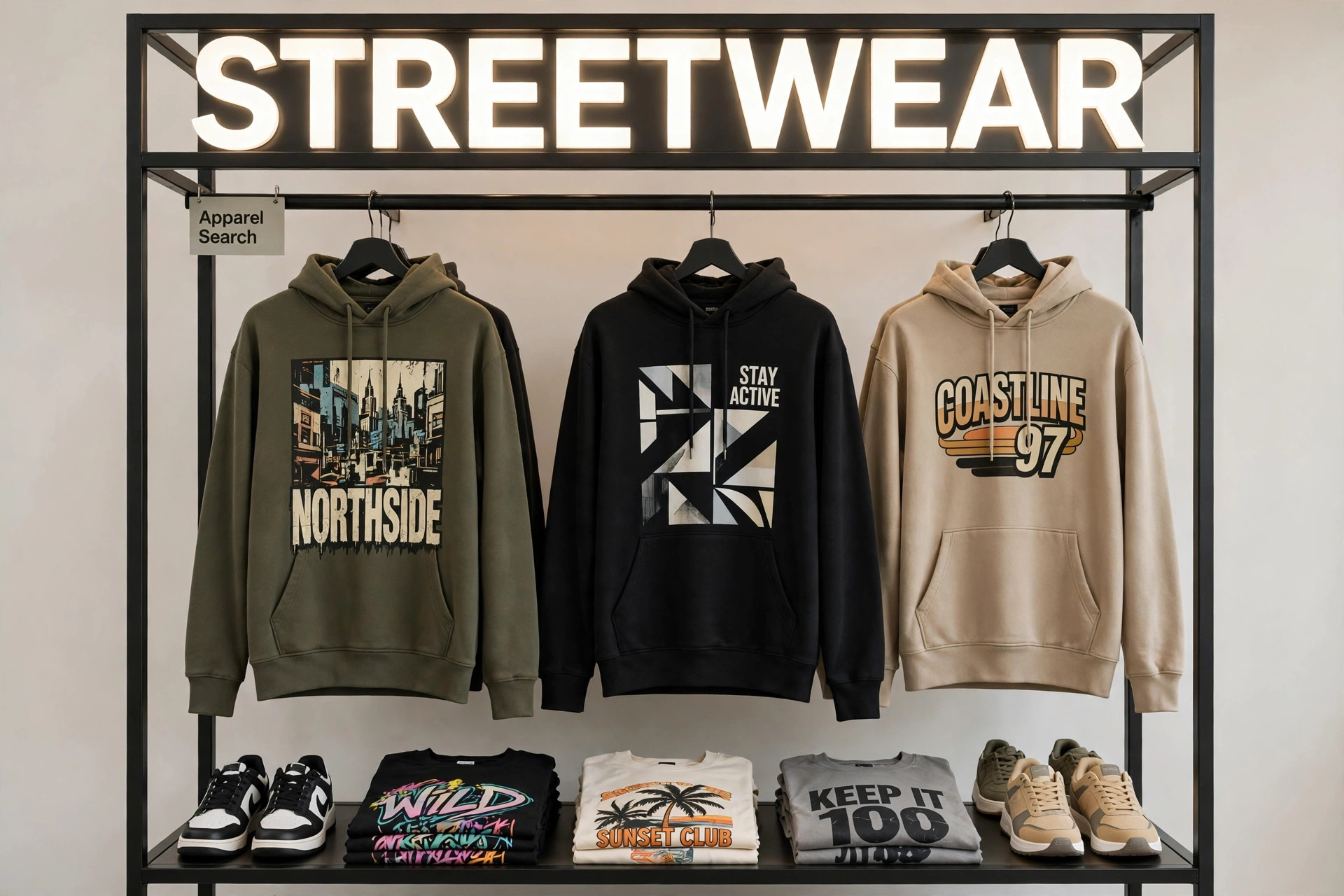 An urban streetwear store display with sneakers, hoodies and graphic apparel on racks under bright signage and a small Apparel Search tag, product photography with no people
