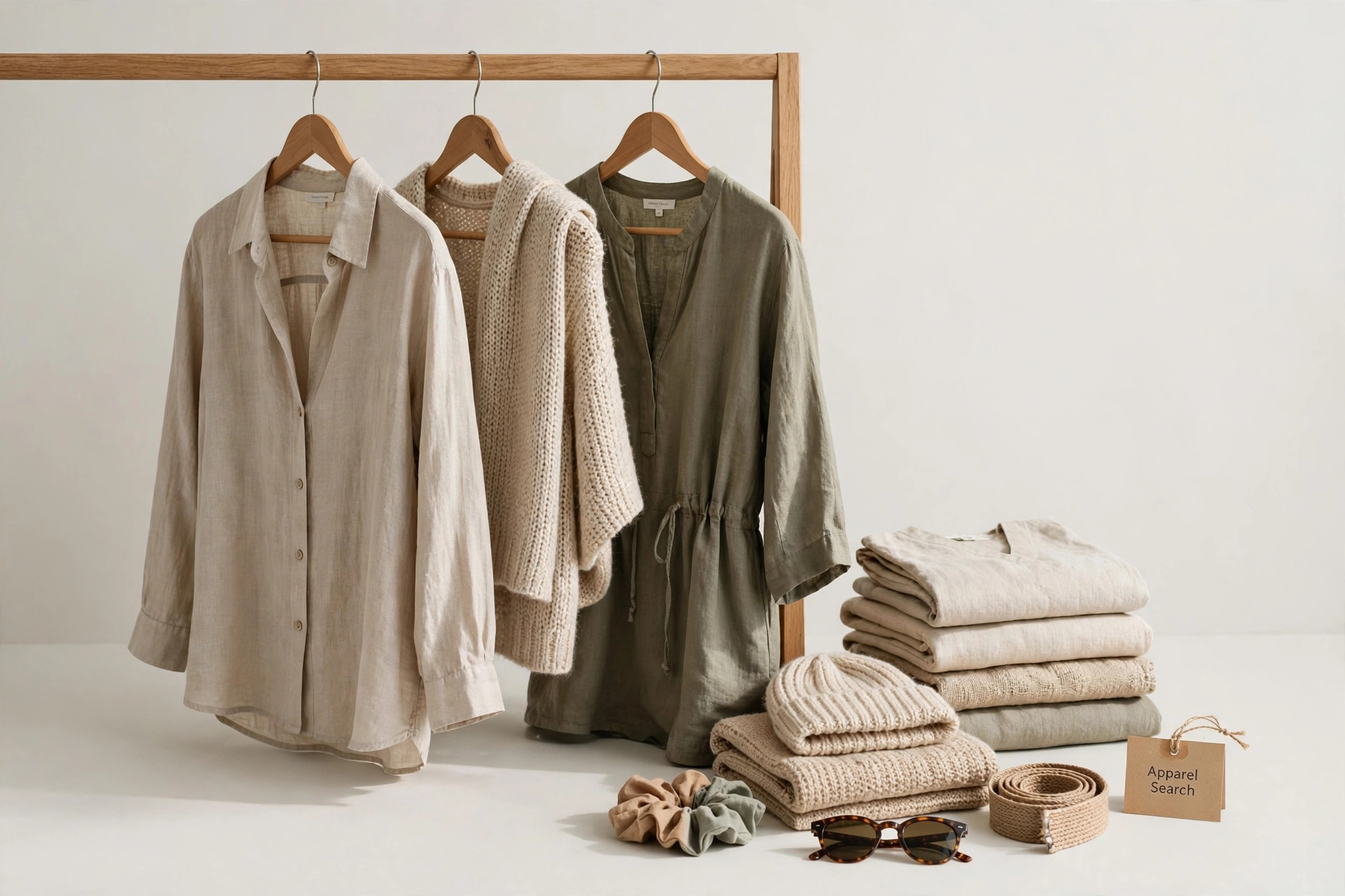 A calm womenswear display with relaxed linen and knit garments in natural tones on a rail beside folded accessories and a small Apparel Search tag, product photography with no people