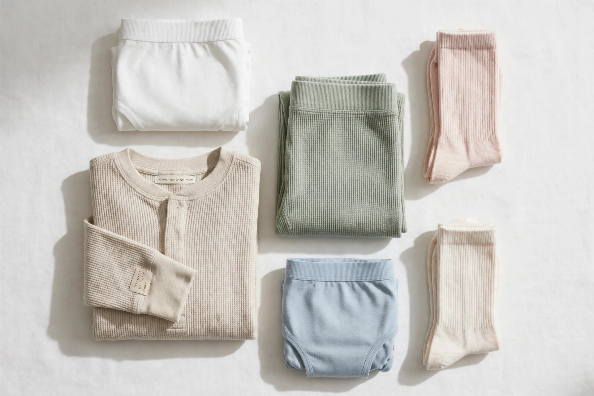 A neat flat lay of folded cotton underwear, socks and thermal garments in white and soft colours on a clean background, product photography only with no people and no mannequins