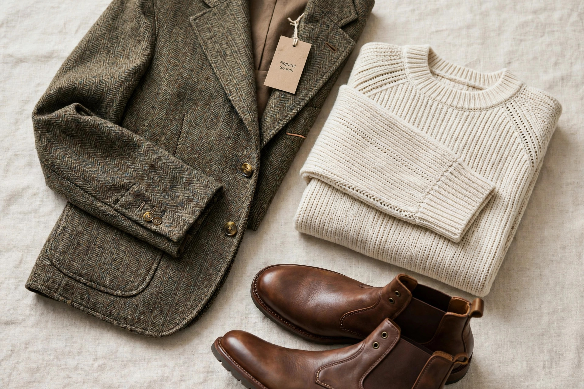 A tailored menswear display with a textured jacket, leather boots and fine knitwear showing detailed stitching and hardware and a small Apparel Search tag, product photography with no people