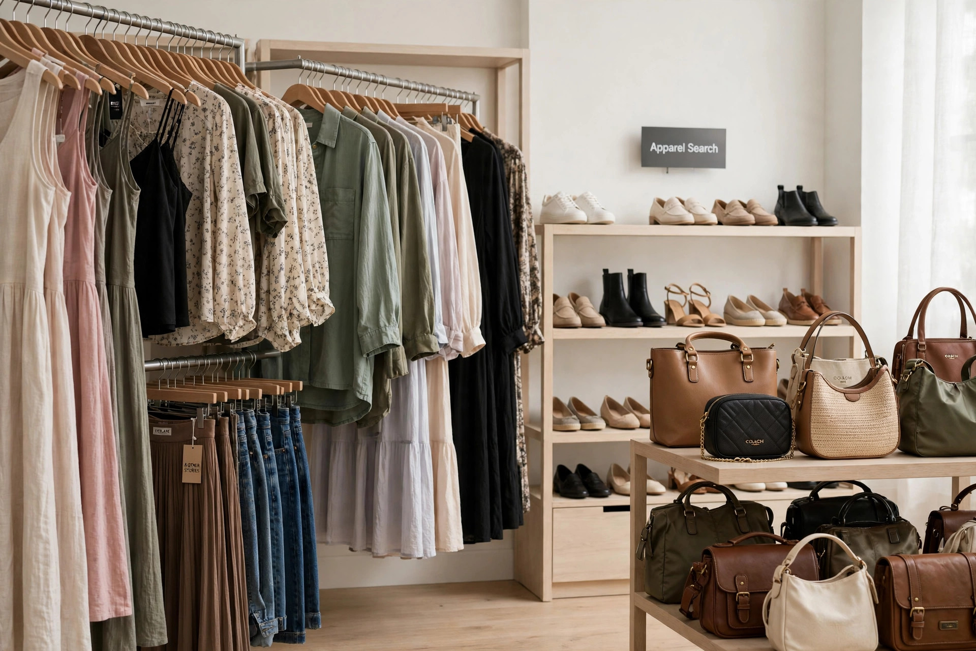 A wholesale apparel showroom with rails of womenswear collections, footwear and handbag displays from many brands and a small Apparel Search sign, product photography with no people