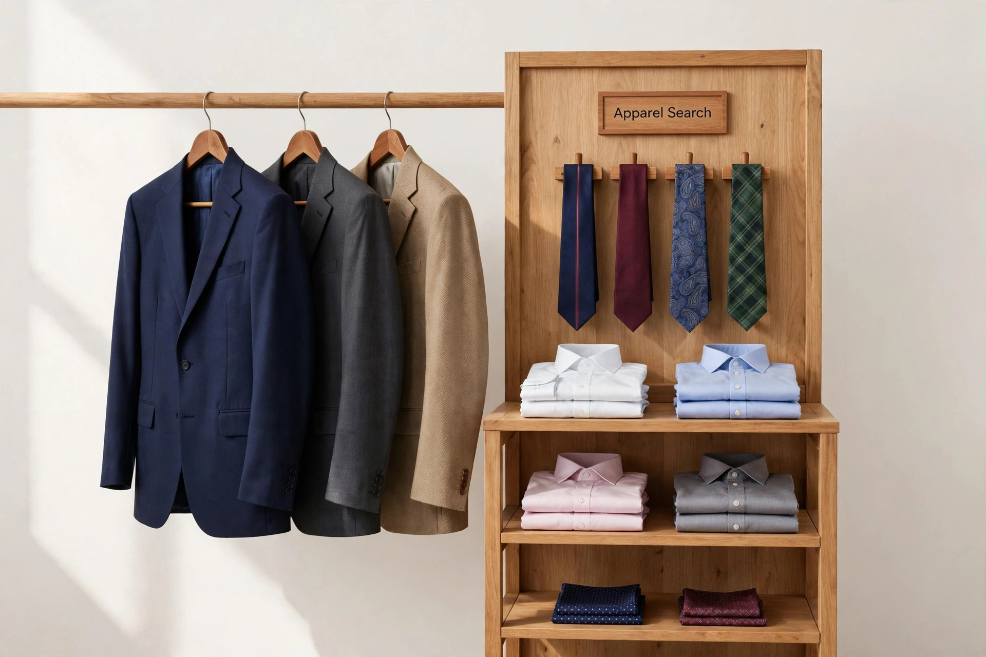 A classic menswear store display with tailored suits, sport coats, dress shirts and ties on rails and shelves and a small Apparel Search sign, product photography with no people