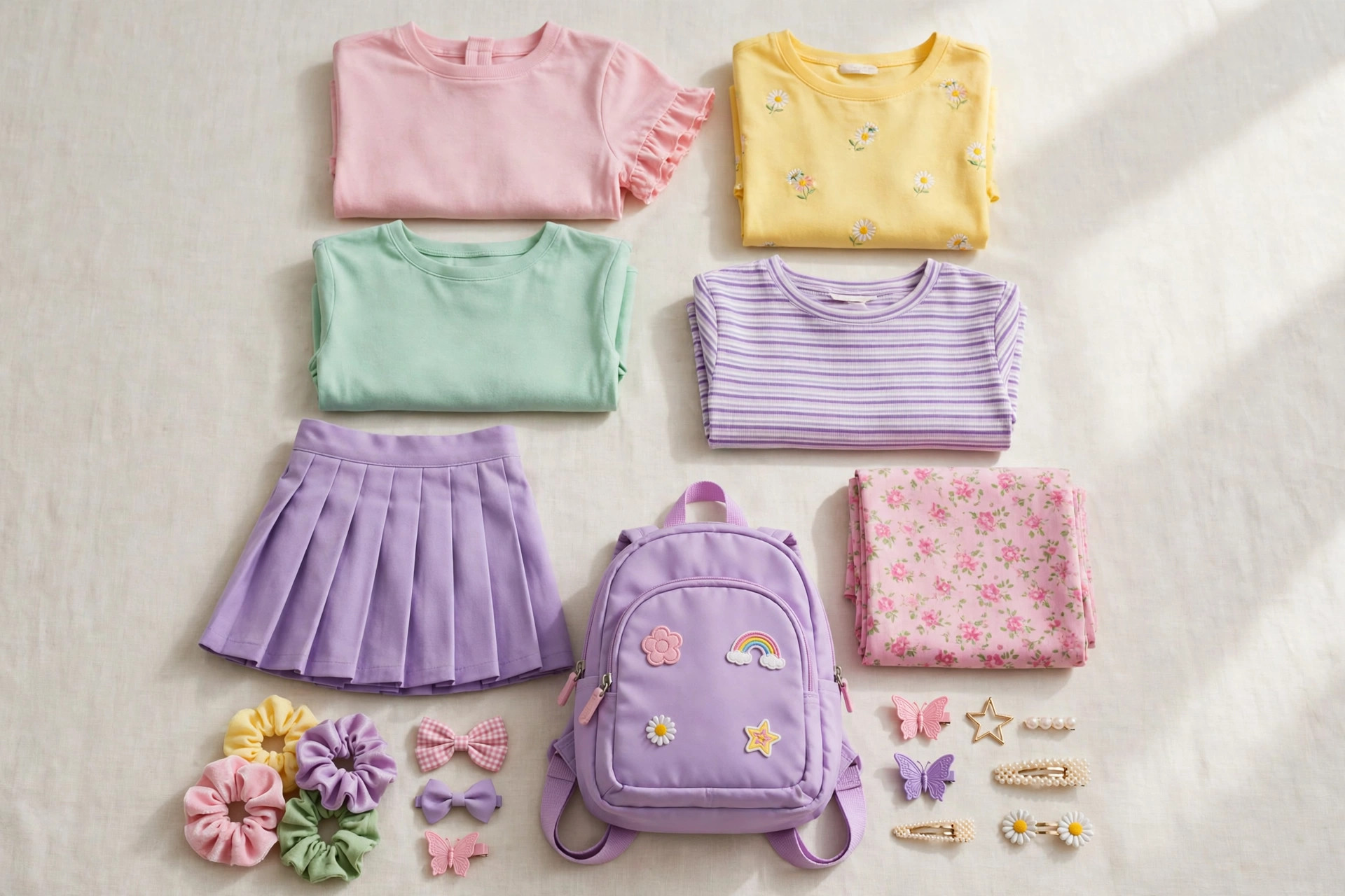 A flat lay of colourful girls apparel and accessories - folded tops, skirts, hair accessories and a backpack - arranged neatly on a clean background, product photography only with no people and no mannequins