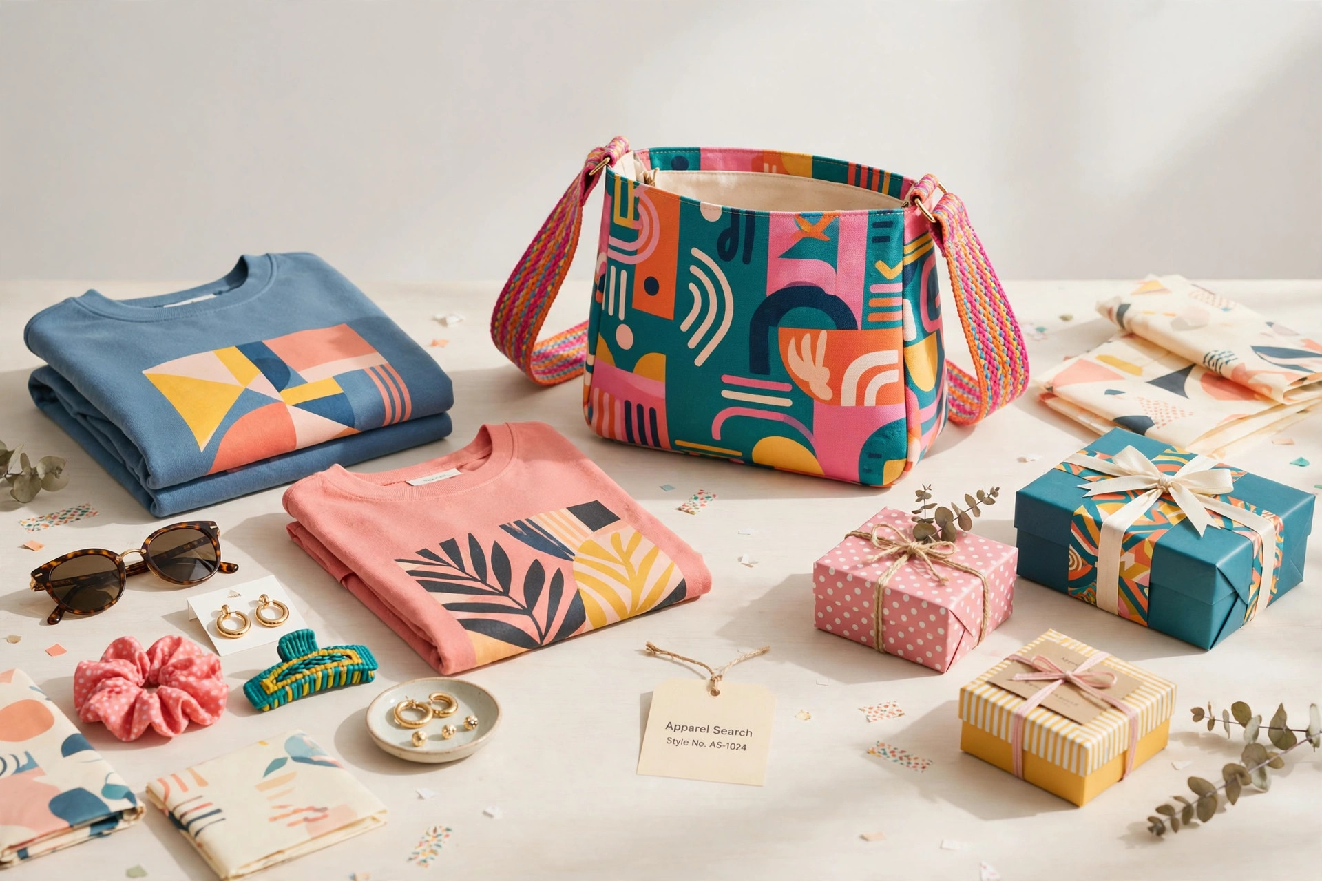 A colourful handbag and accessories display with graphic prints, folded apparel and gift boxes on a bright studio table and a small Apparel Search tag, product photography with no people