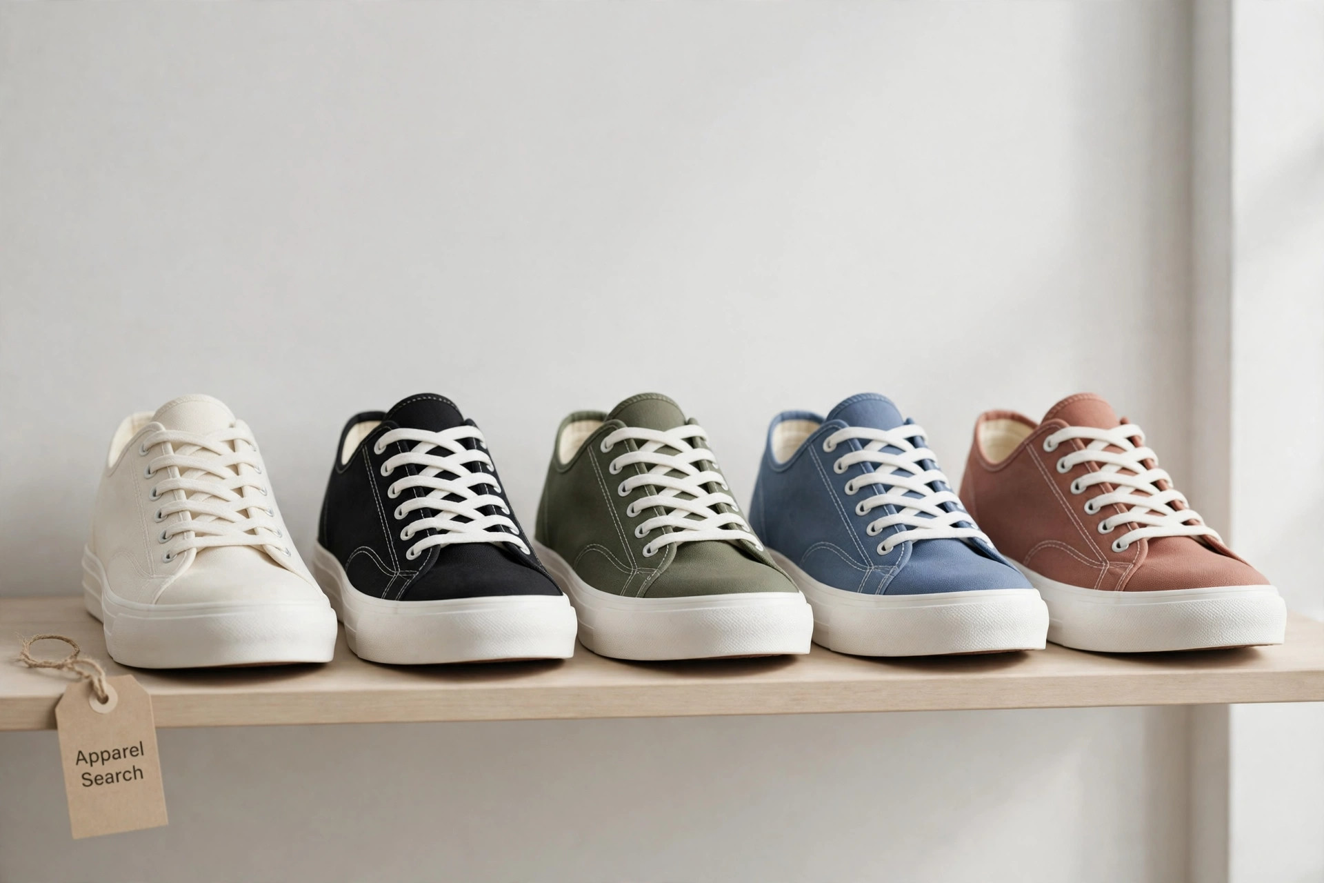 A row of classic canvas sneakers with white rubber soles in several colours on a clean studio shelf and a small Apparel Search tag, product photography with no people