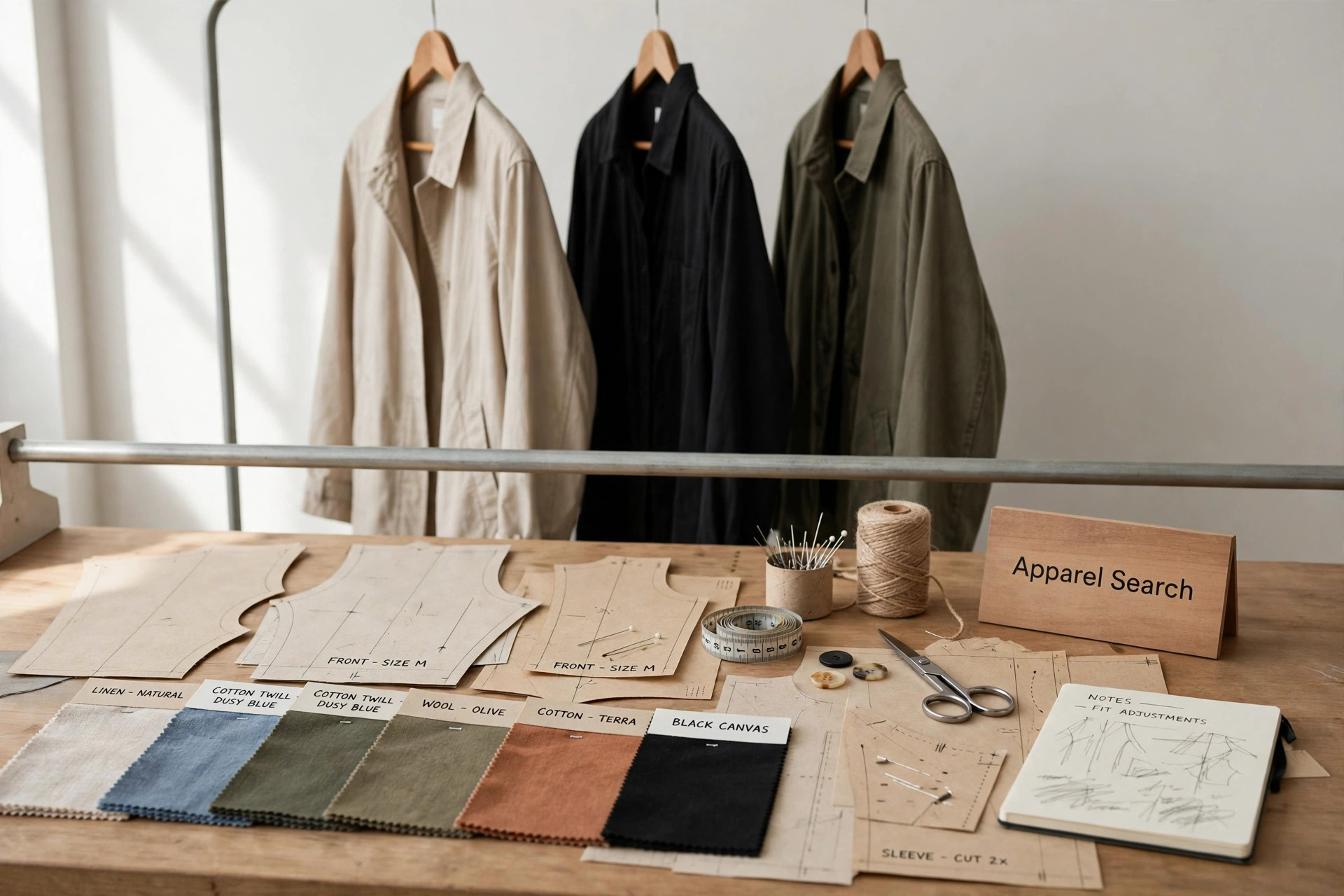An apparel design studio table with fabric swatches, pattern pieces, garment samples on a rail and a small Apparel Search sign, product photography with no people