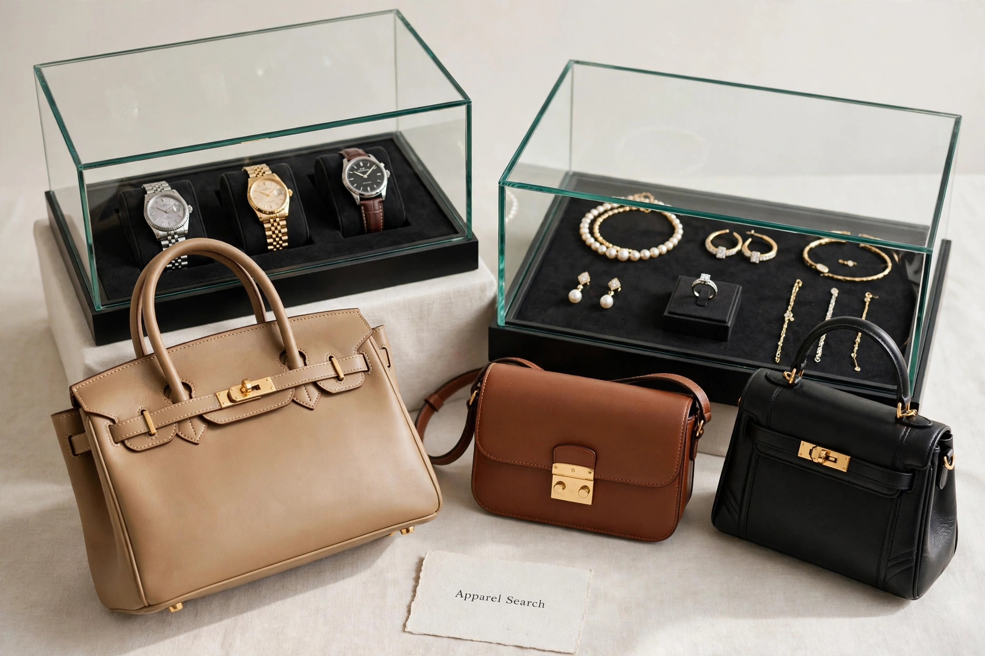 A luxury goods display with fine leather handbags, watches and jewelry in glass cases under soft light and a small Apparel Search card, product photography with no people