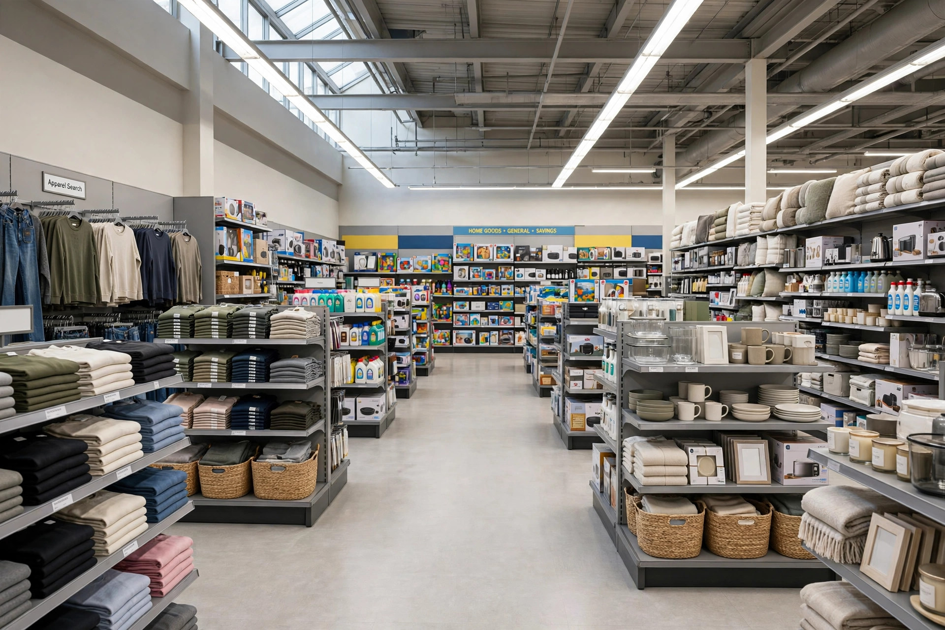 A large discount department store interior with wide aisles, general merchandise, apparel and home goods displays and a small Apparel Search sign, product photography with no people