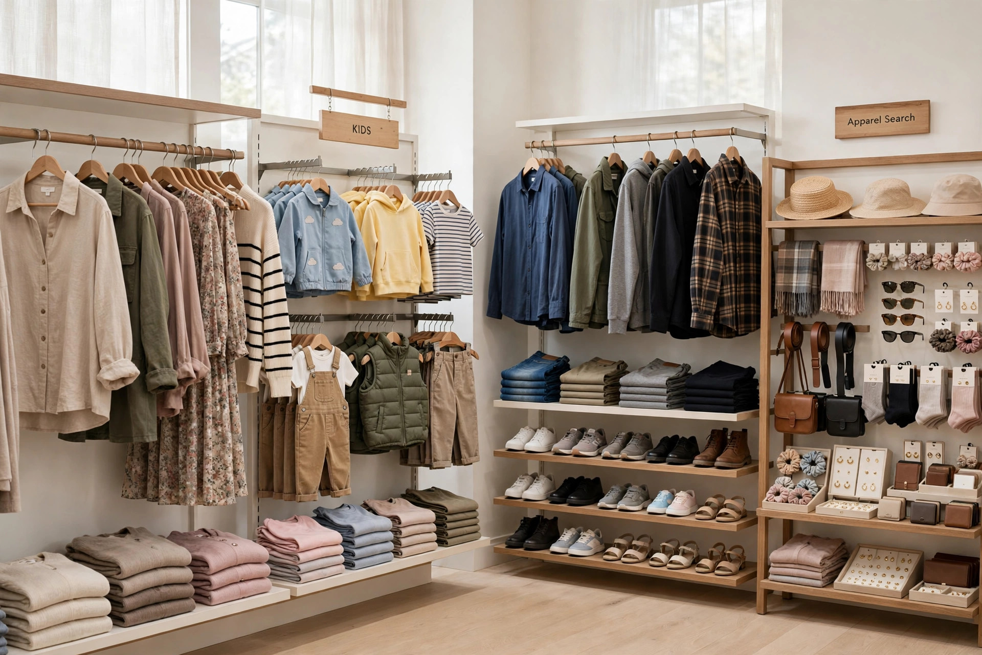 A bright family department store clothing floor with apparel for women, men and children, shoe and accessory displays and a small Apparel Search sign, product photography with no people