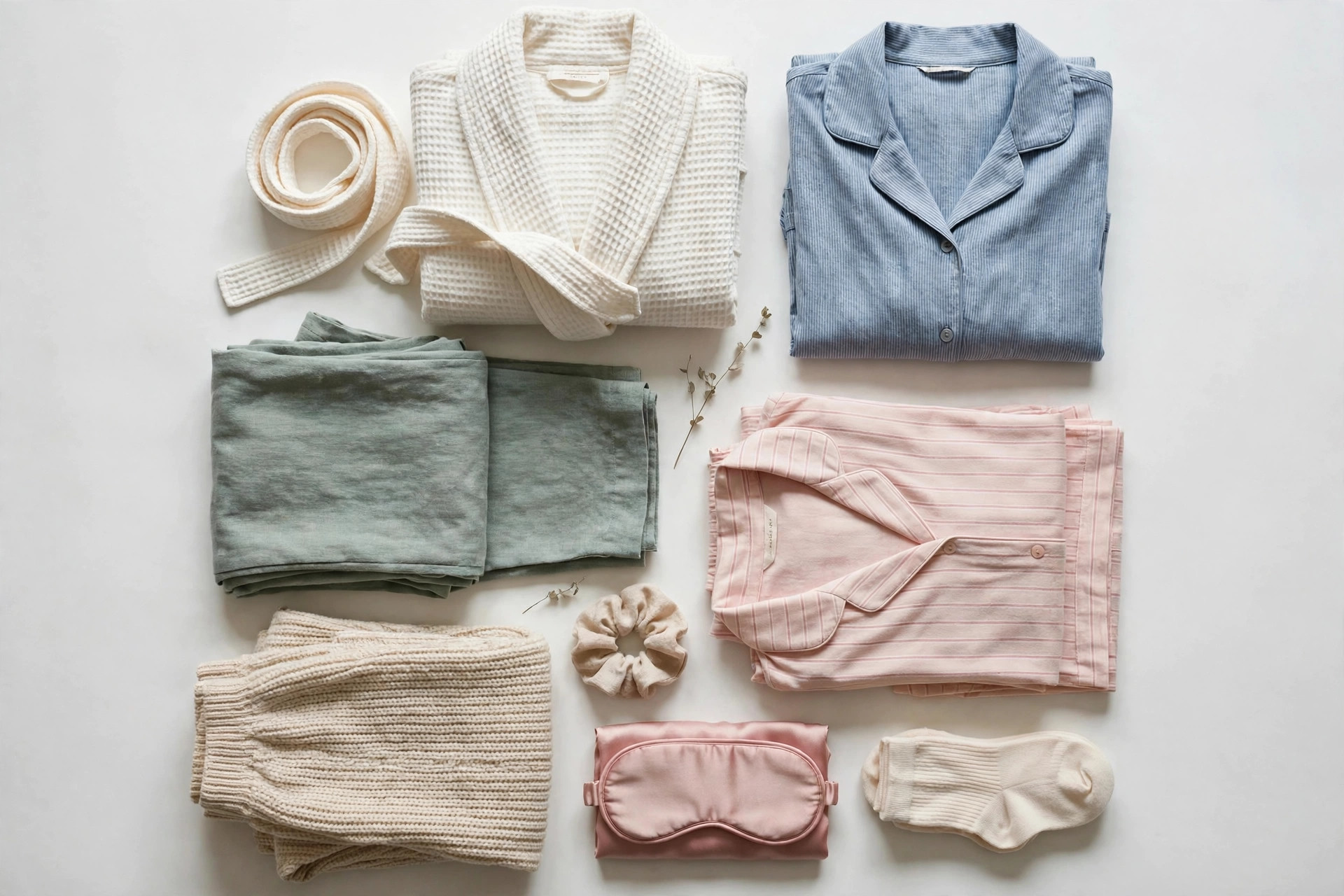 A neat flat lay of folded sleepwear garments, robes and loungewear in soft fabrics on a clean background, product photography only with no people and no mannequins
