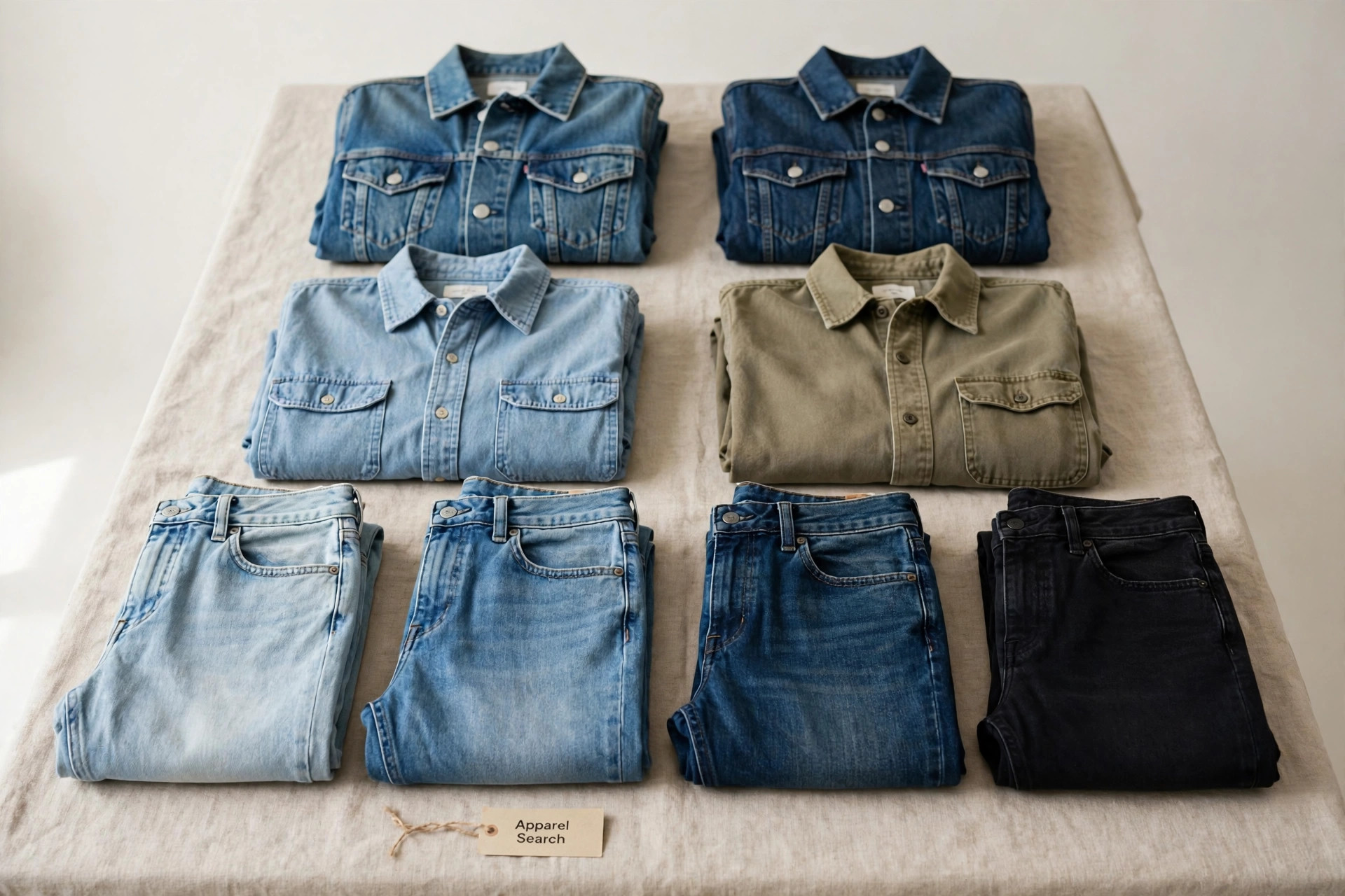 A denim display with folded jeans in many washes, denim jackets and work shirts on a studio table and a small Apparel Search tag, product photography with no people