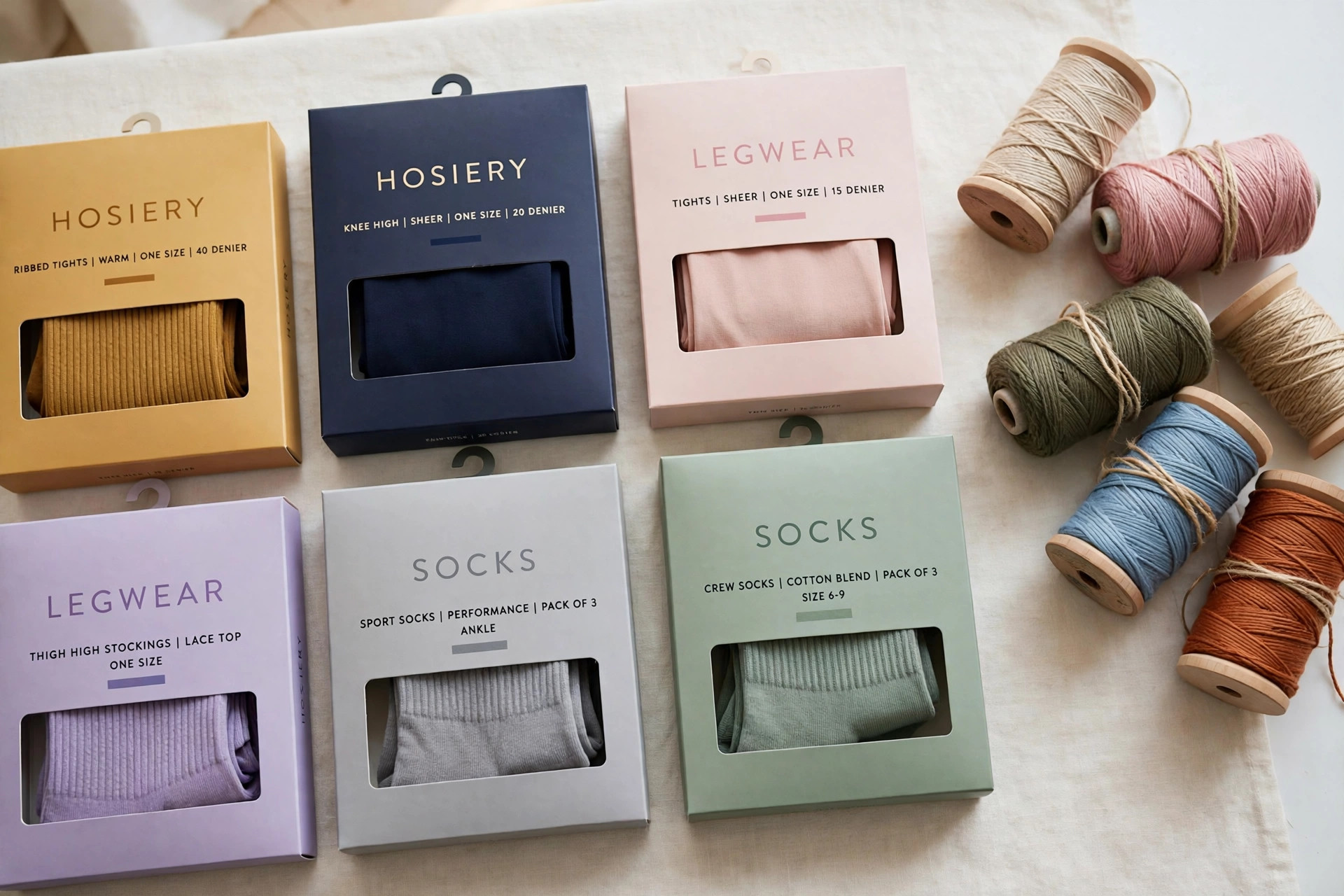 A neat flat lay of folded hosiery, socks and legwear packages in many colours beside spools of yarn on a clean work table, product photography only with no people and no mannequins