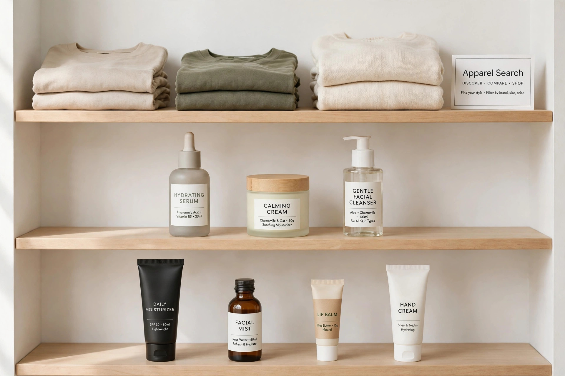 A specialty retail display with folded apparel, beauty and personal care products arranged on bright shelves and a small Apparel Search card, product photography with no people