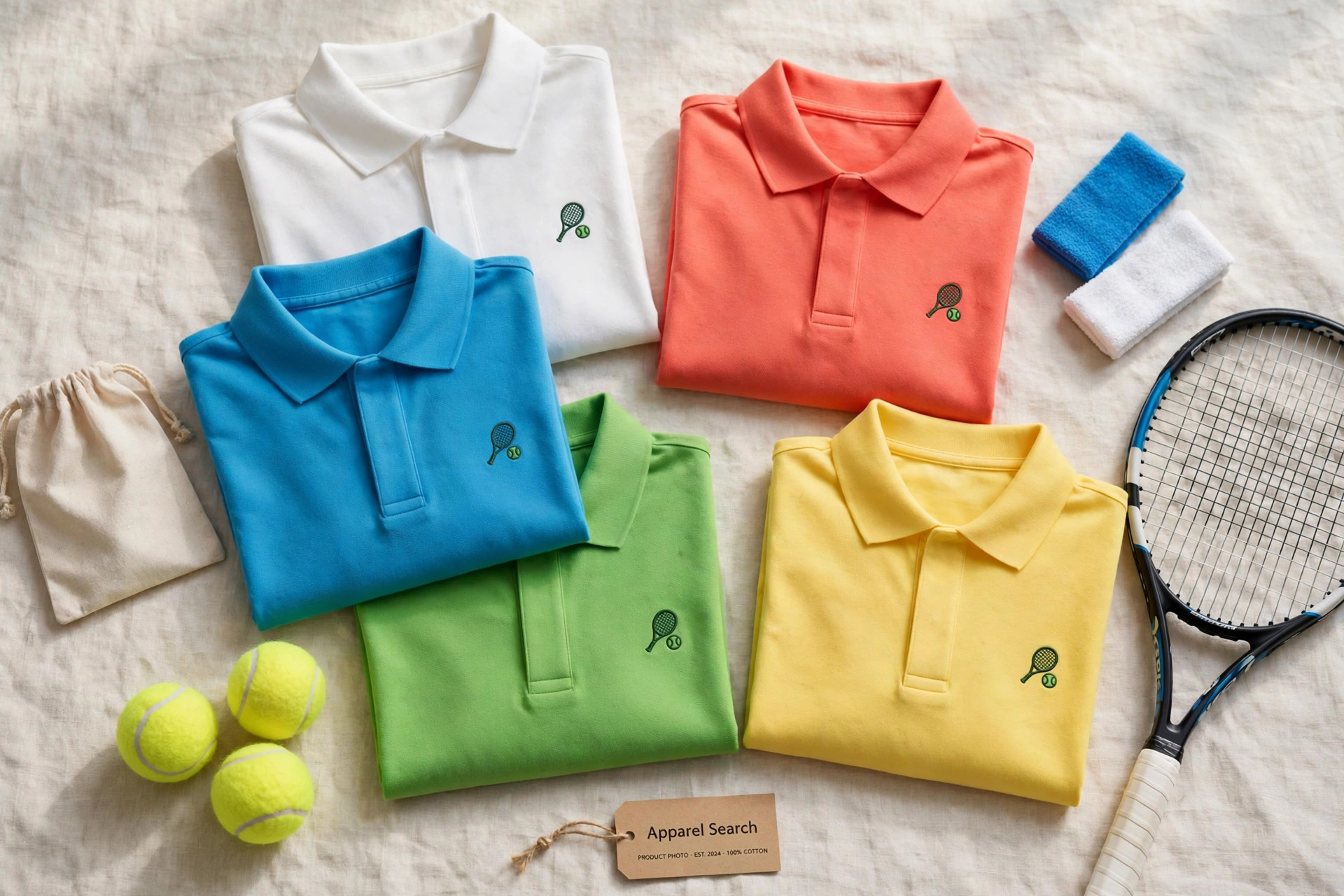 A display of folded polo shirts in white and bright colours with a small embroidered motif, tennis accessories and a small Apparel Search tag, product photography with no people