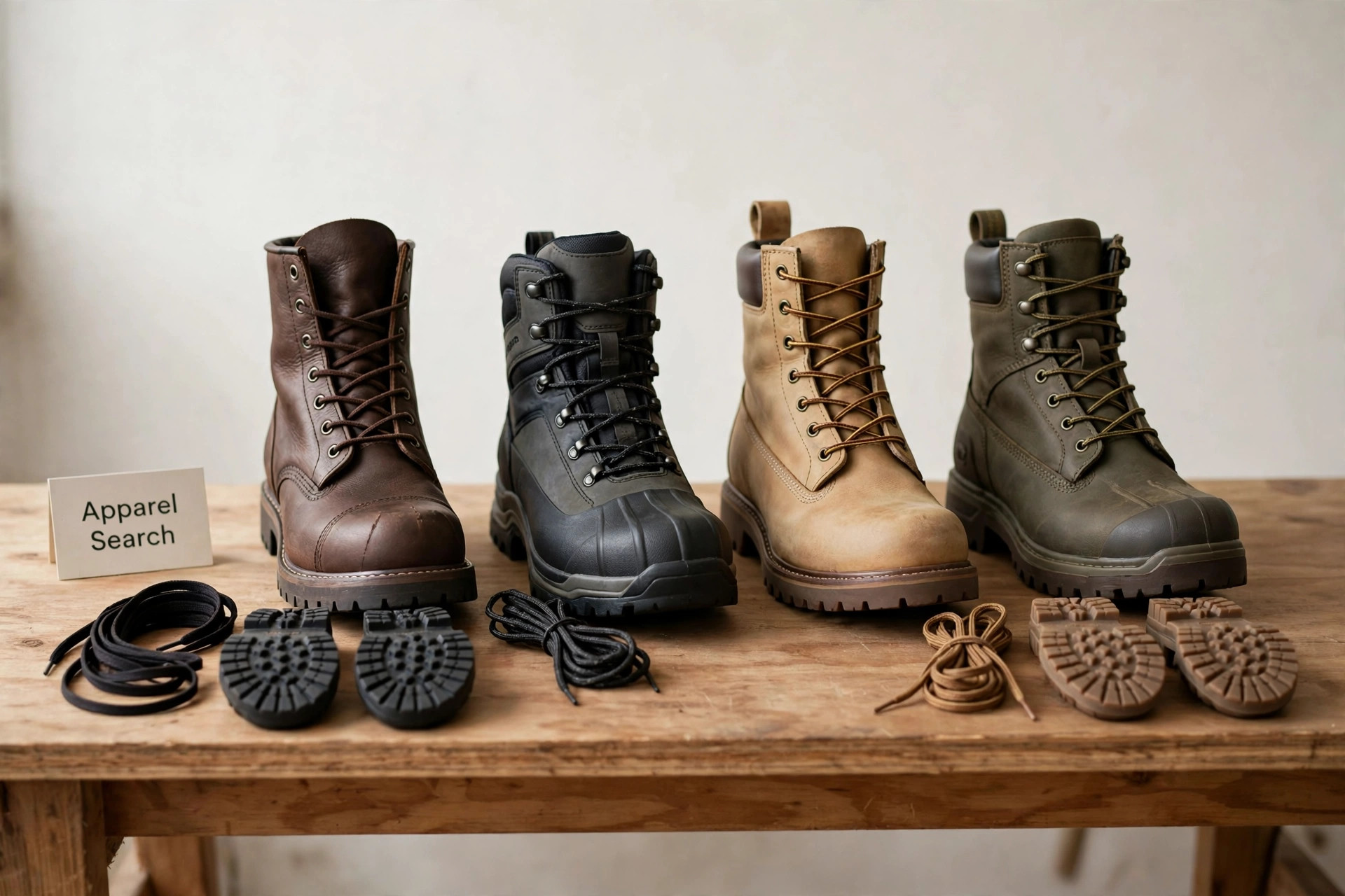 A row of rugged leather and rubber work and outdoor boots on a workshop shelf with laces and soles displayed beside them and a small Apparel Search sign, product photography with no people