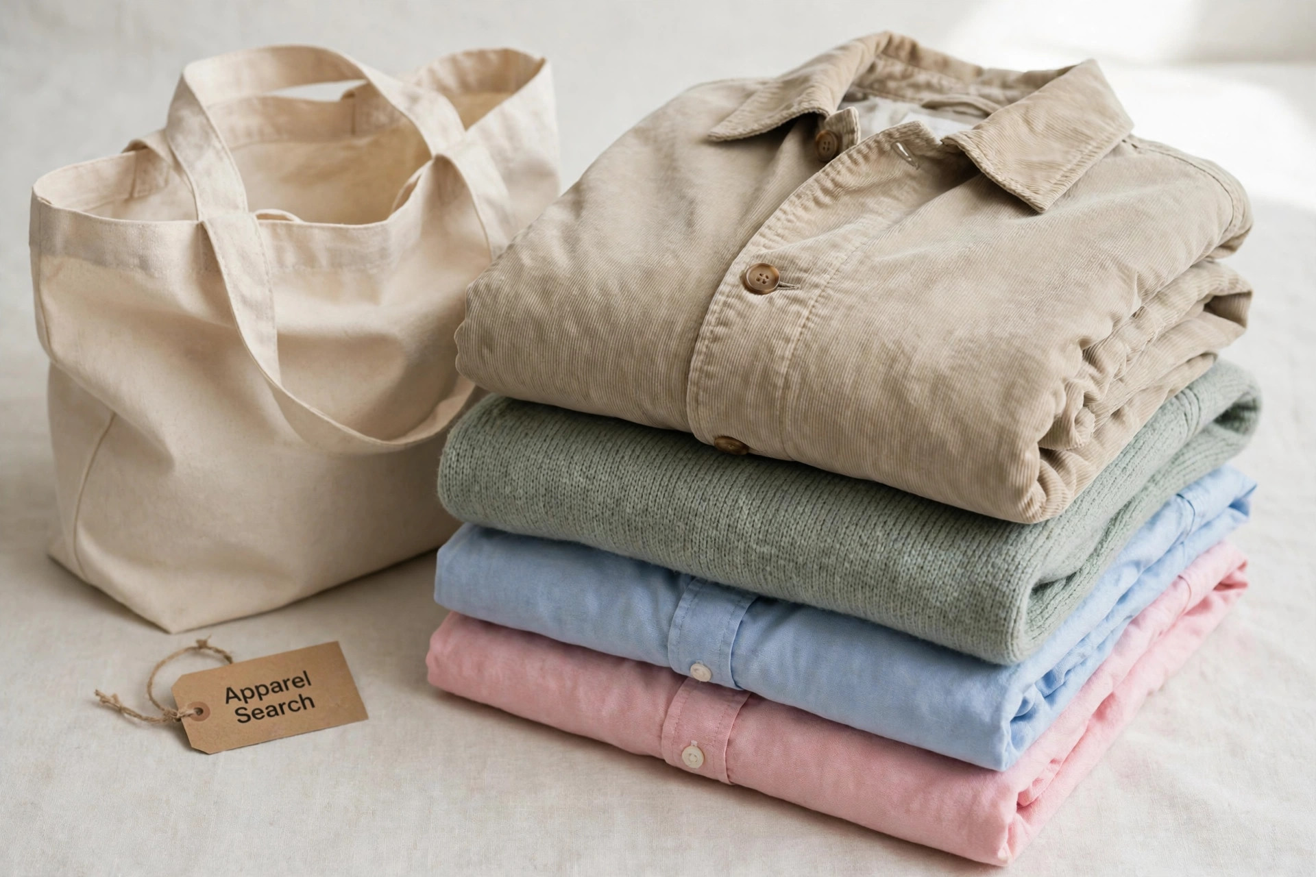A folded stack of classic casual shirts, sweaters and outerwear in clear colours beside a canvas tote and a small Apparel Search tag, product photography with no people