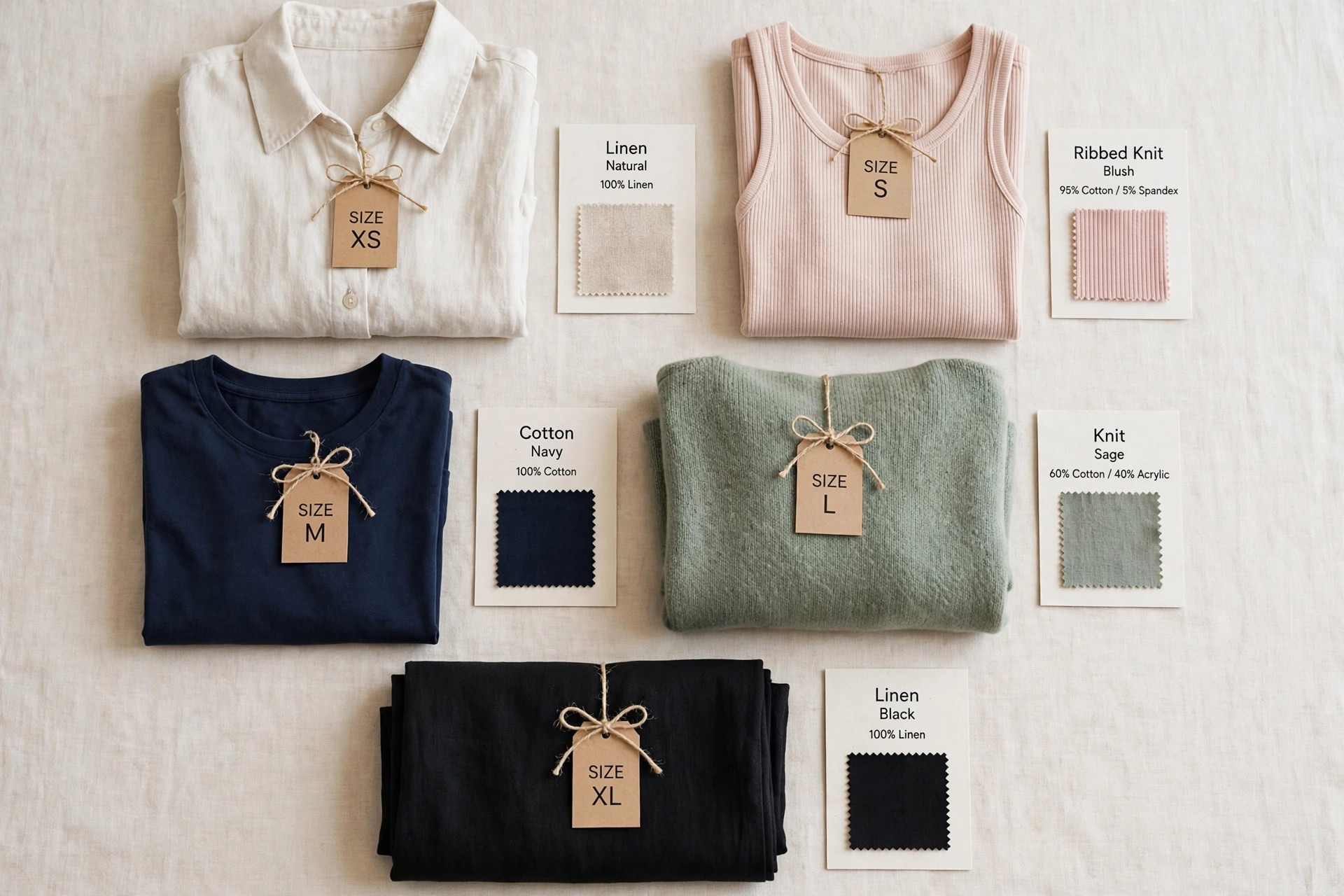 A neat flat lay of folded women's apparel in a range of sizes with size tags and fabric swatches on a clean table, product photography only with no people and no mannequins