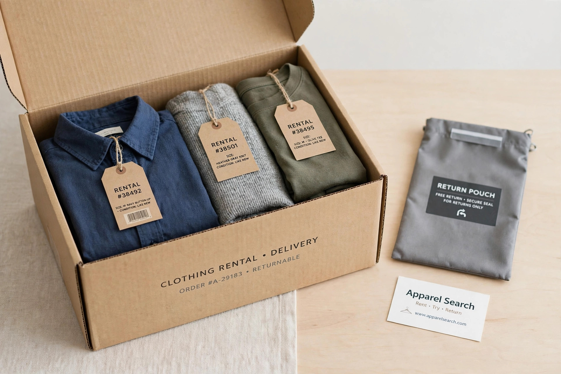 A clothing rental delivery box with neatly folded garments, a return pouch and garment tags on a clean table and a small Apparel Search card, product photography with no people