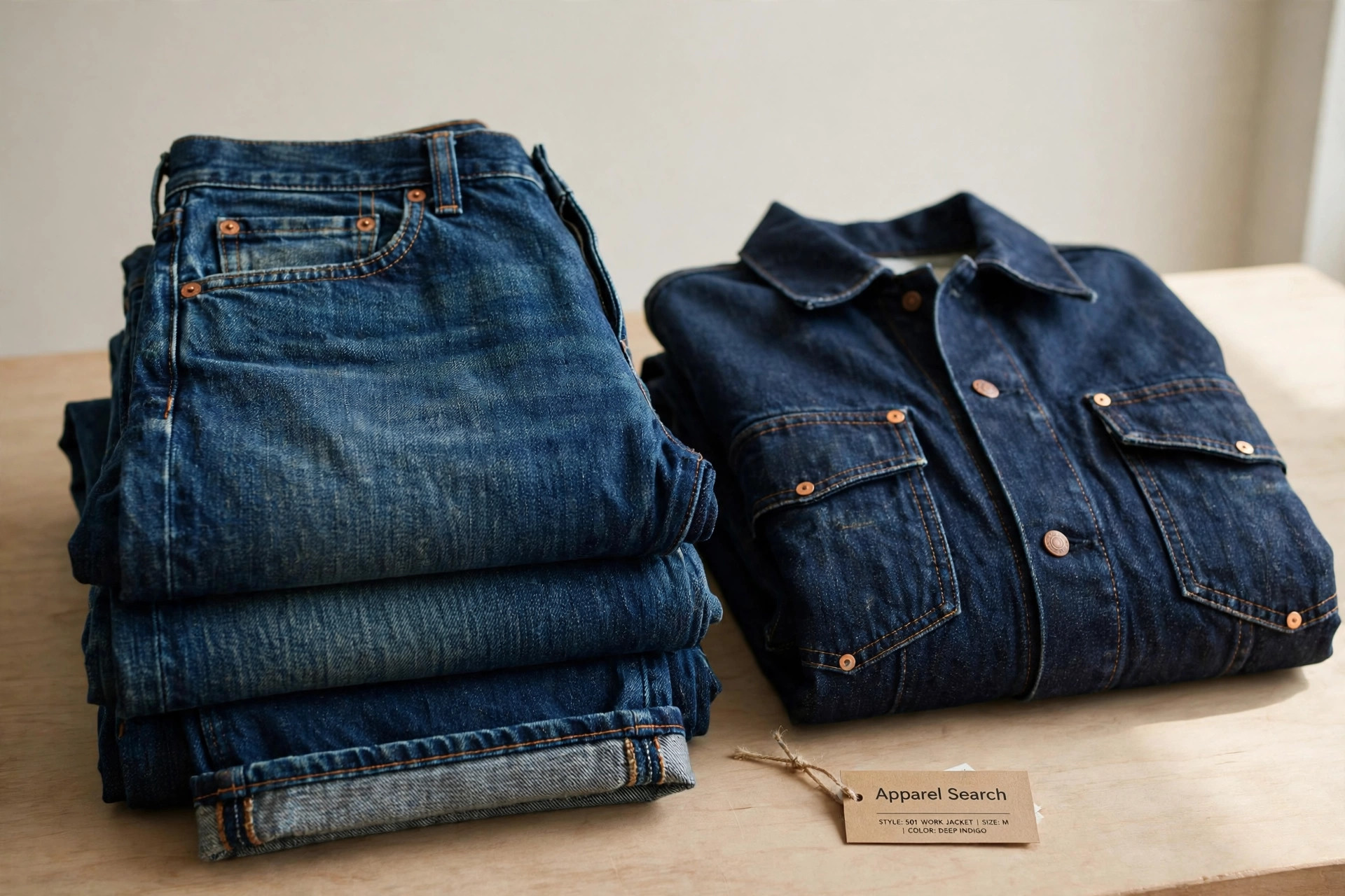 A folded stack of denim jeans and a work jacket in deep indigo washes with copper rivets and stitching displayed on a work table and a small Apparel Search tag, product photography with no people