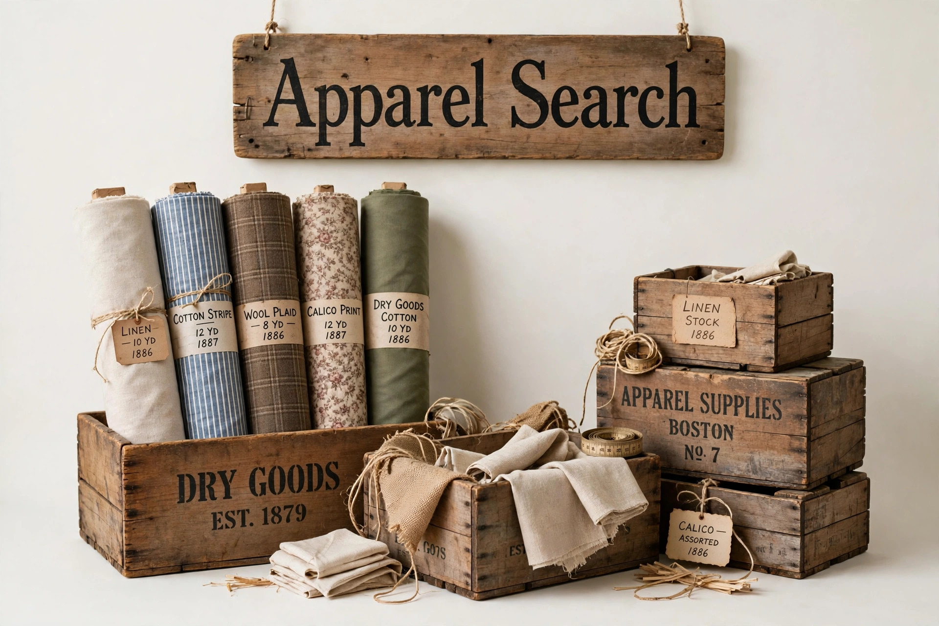 A nineteenth-century dry goods storefront scene recreated with bolts of fabric, crates and a hand-lettered Apparel Search sign, photography with no people