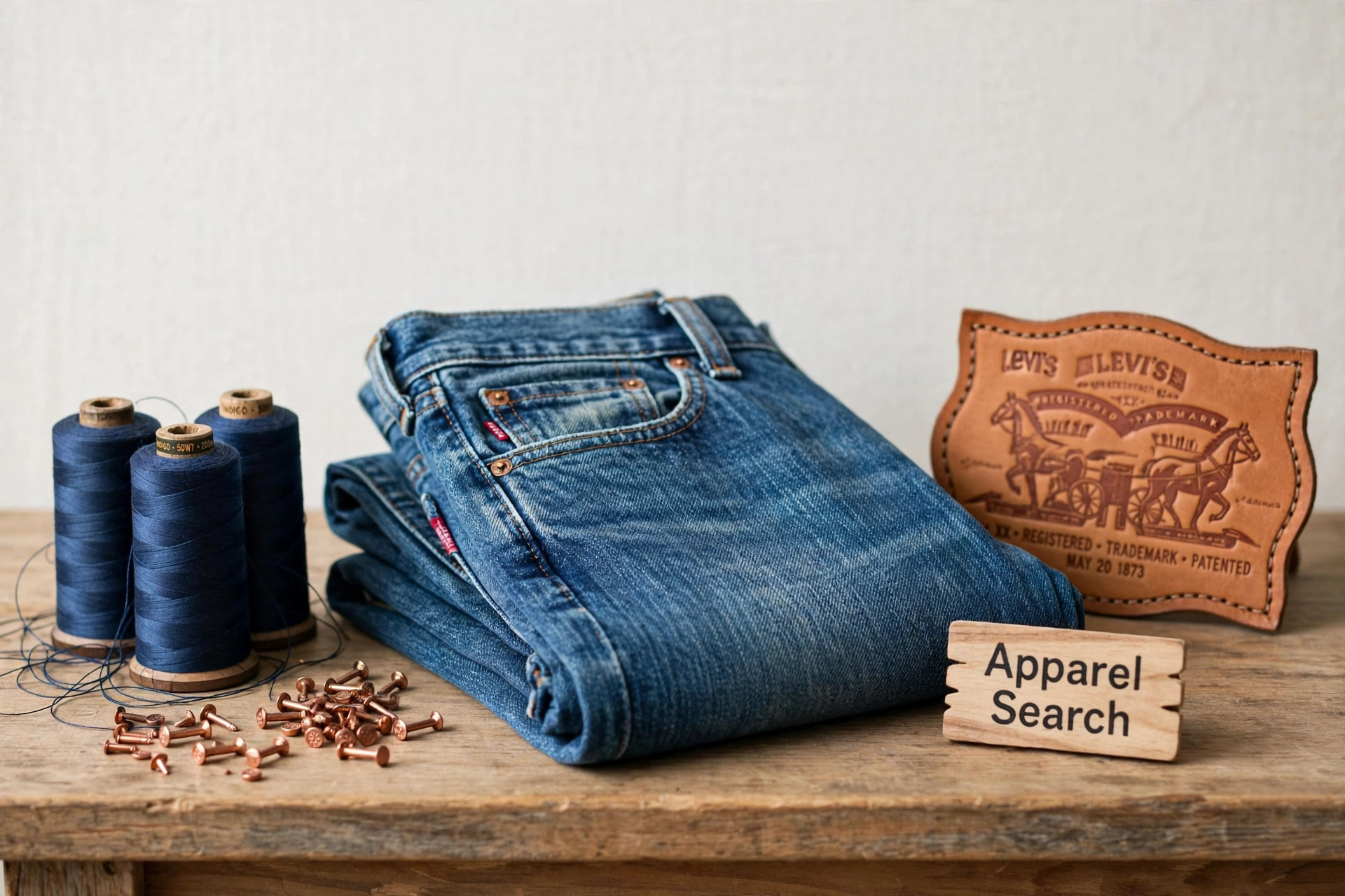 A denim workshop scene with folded 501-style jeans, spools of indigo thread, copper rivets and a two-horse style leather patch on a bench and a small Apparel Search sign, product photography with no people