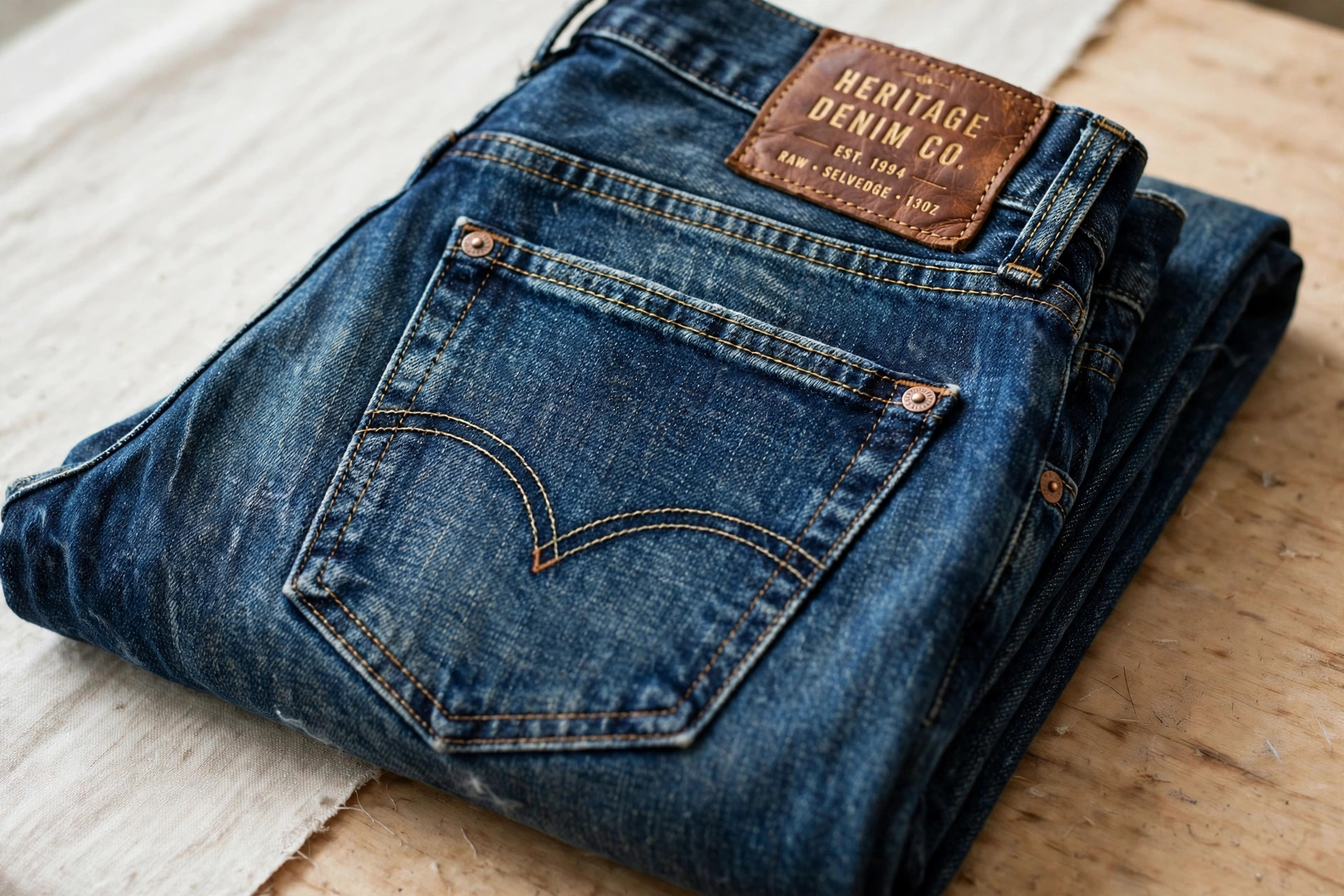 A close view of folded denim jeans showing curved stitched pocket arcs, rivets and a leather waistband patch on a work table, product photography with no people