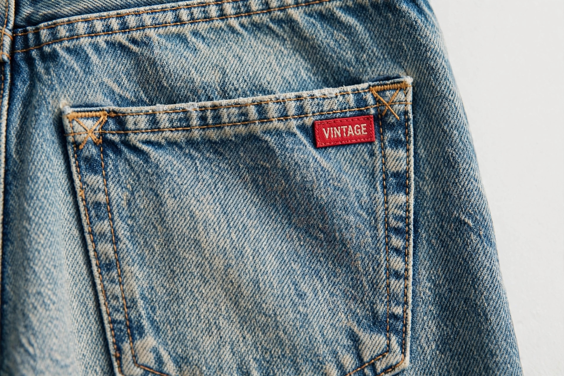 A close view of vintage-style denim jeans showing a small red pocket tab with capital lettering, bar-tacked pockets and faded indigo fabric, product photography with no people