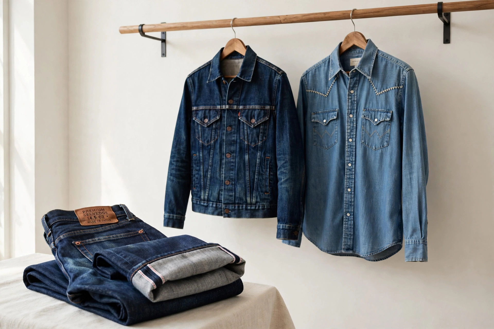 A premium denim display with selvedge jeans showing a red edge at the rolled cuff, a trucker jacket and western shirt on a rail, product photography with no people