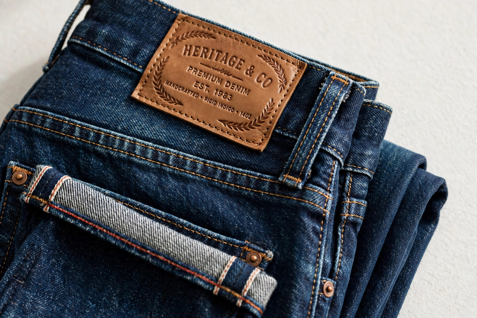 A close display of premium denim details with a leather waistband patch, contrast stitching and folded jeans in rich indigo, product photography with no people
