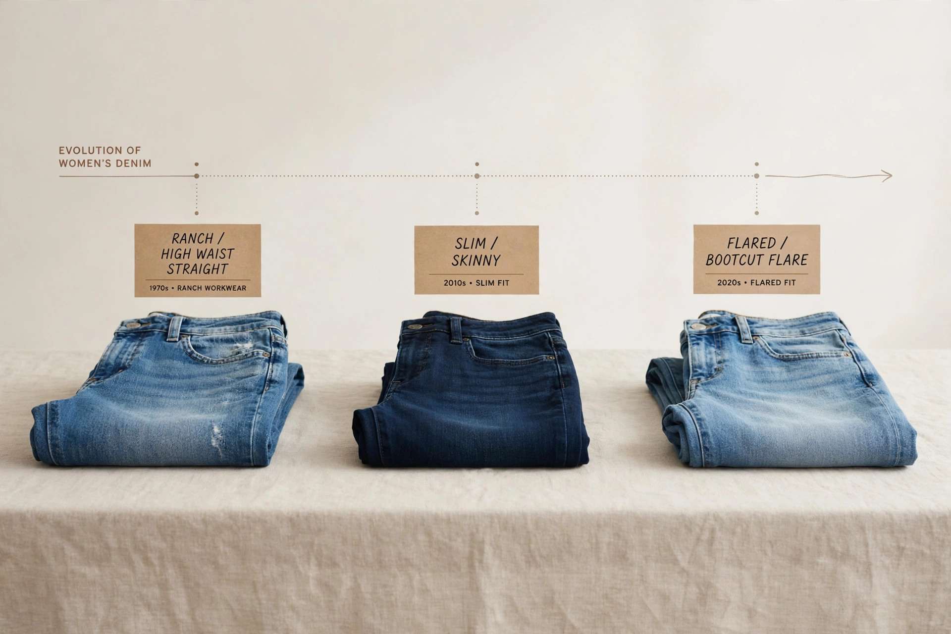 A timeline-style display of women's denim styles from ranch jeans to slim and flared fits, folded in sequence on a long table, product photography with no people