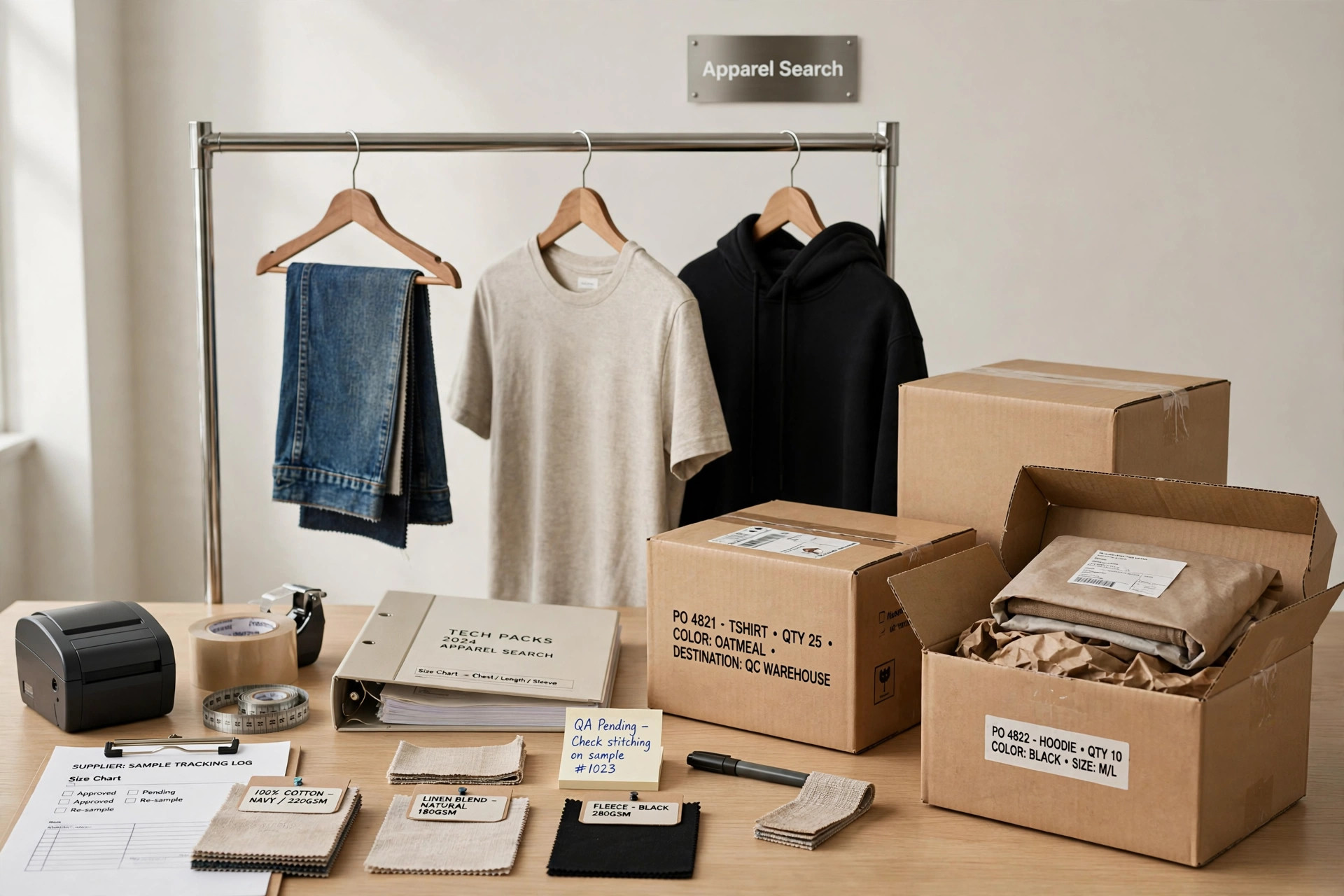 A supply chain operations scene with garment samples, shipping cartons and sample rails in a sourcing office and a small Apparel Search sign, product photography with no people
