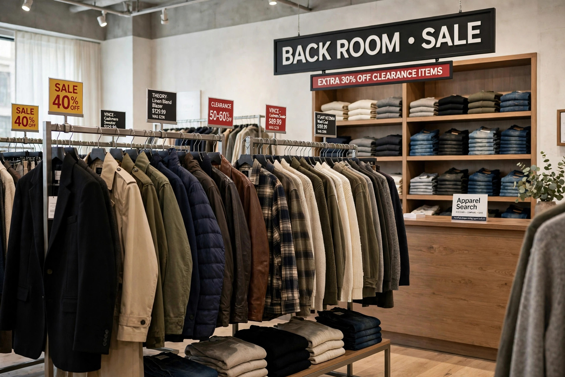 An off-price designer clothing store interior with racks of current-season apparel, a back room display and sale signage and a small Apparel Search card, product photography with no people