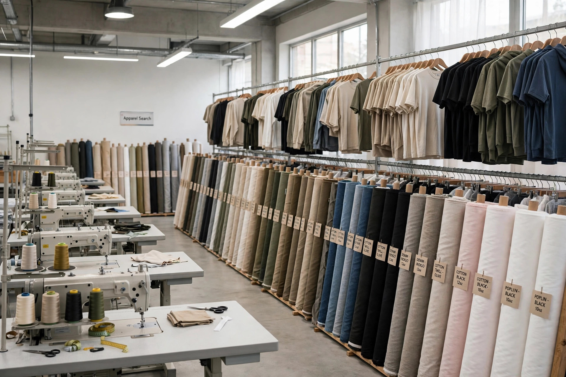 A large apparel manufacturing floor with sewing stations, fabric rolls and finished garments on rails under bright lights and a small Apparel Search sign, product photography with no people