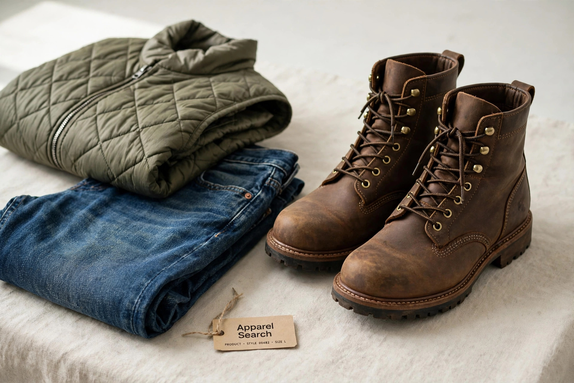 A pair of rugged lace-up work-style boots beside folded jeans and a quilted vest on a studio surface with a small Apparel Search tag, product photography with no people