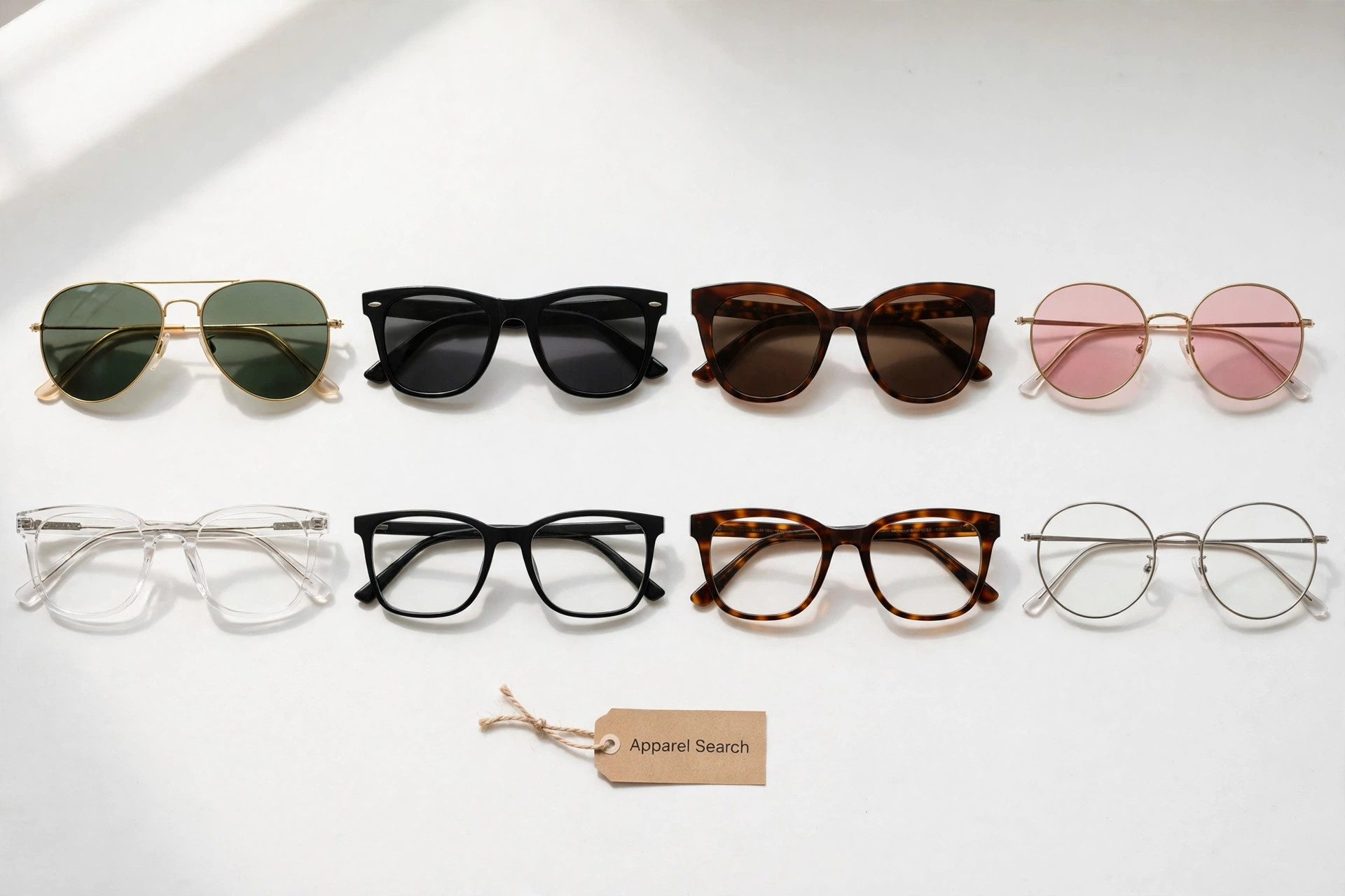 A display of fashion sunglasses and optical frames in varied styles arranged in neat rows on a bright surface with a small Apparel Search tag, product photography with no people