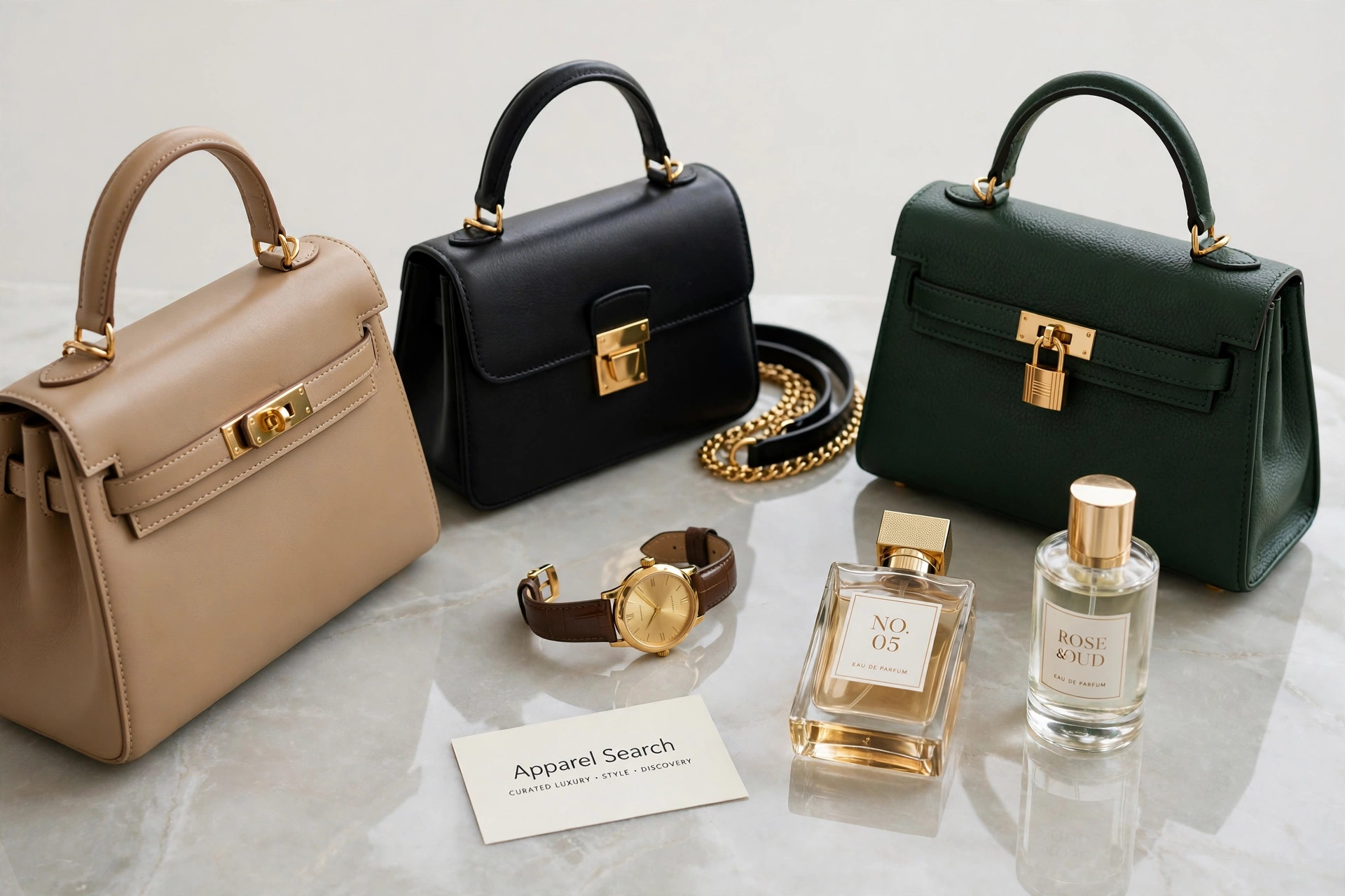 An elegant display of luxury leather handbags, a watch and perfume bottles on a polished surface with a small Apparel Search card, product photography with no people