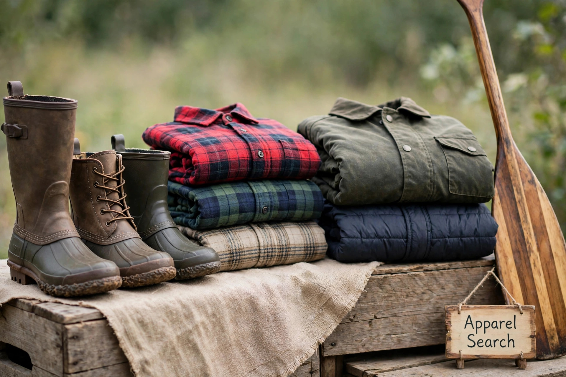 An outdoor retail display with rubber-bottom boots, flannel shirts and outerwear beside a canoe paddle and a small Apparel Search sign, product photography with no people