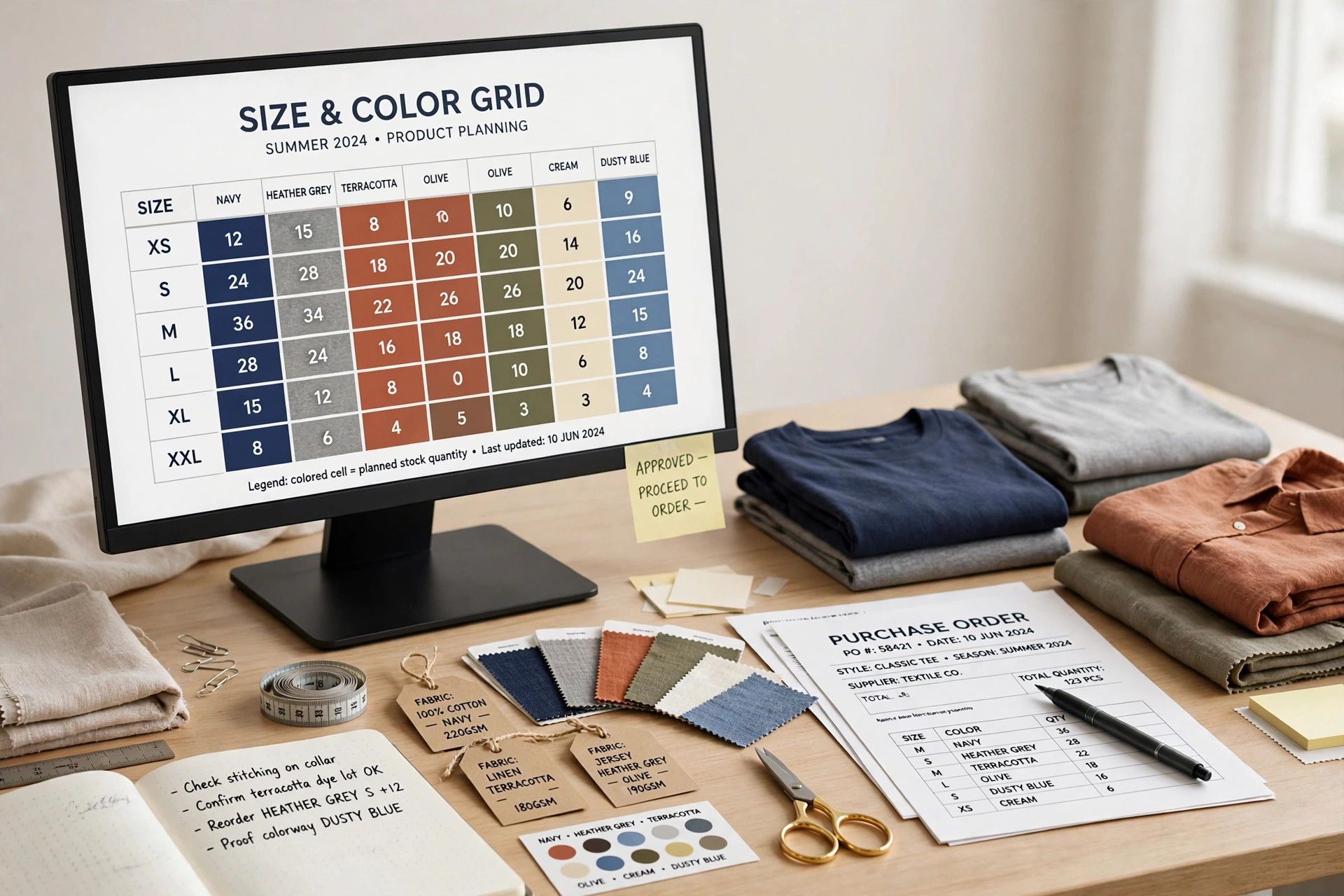 An apparel office workstation showing colourful size and colour grid charts on a monitor beside garment samples and order forms, product photography with no people