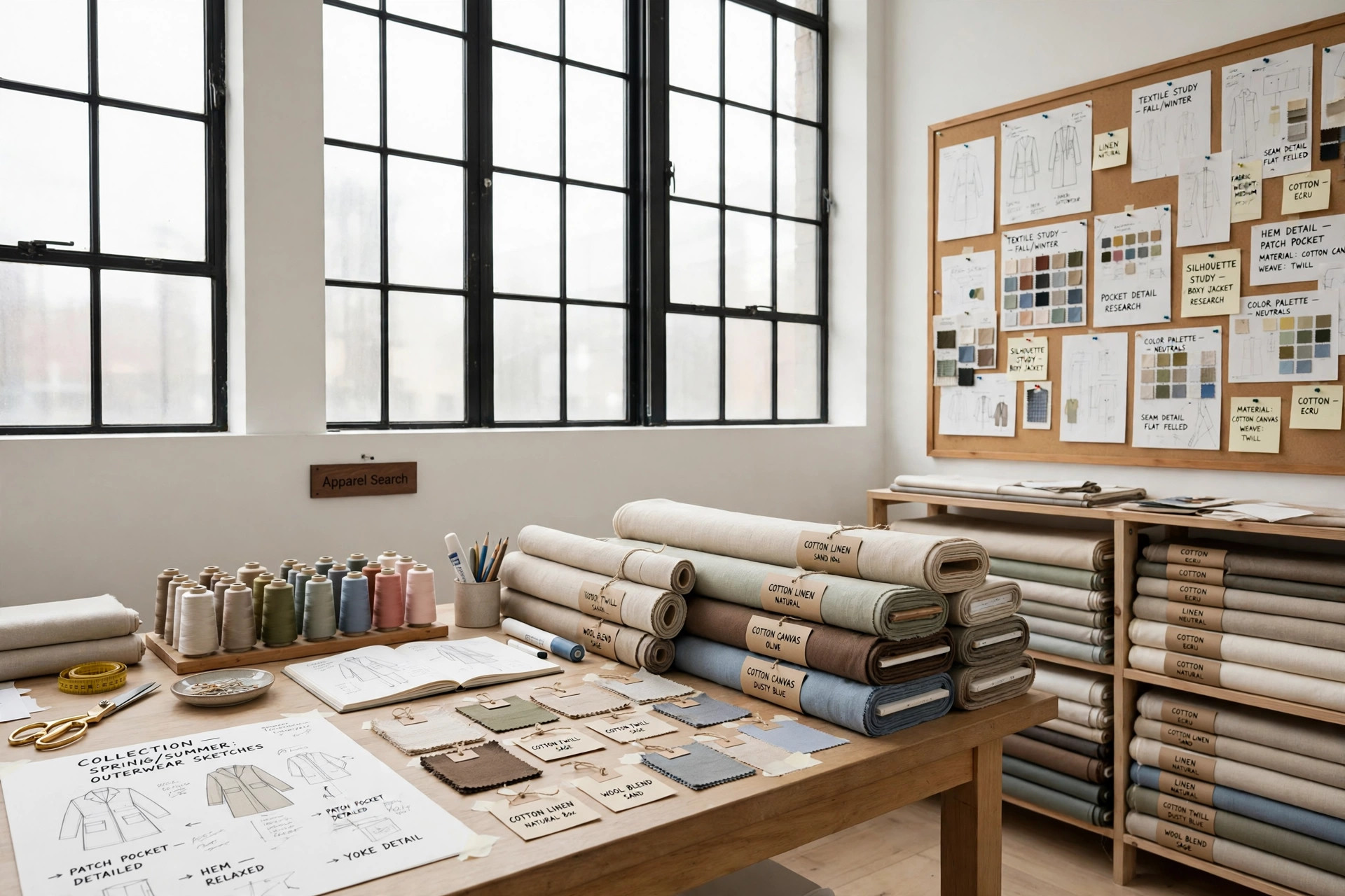 A fashion college studio with dress forms, sewing tables, fabric rolls and student work boards under tall windows and a small Apparel Search sign, product photography with no people