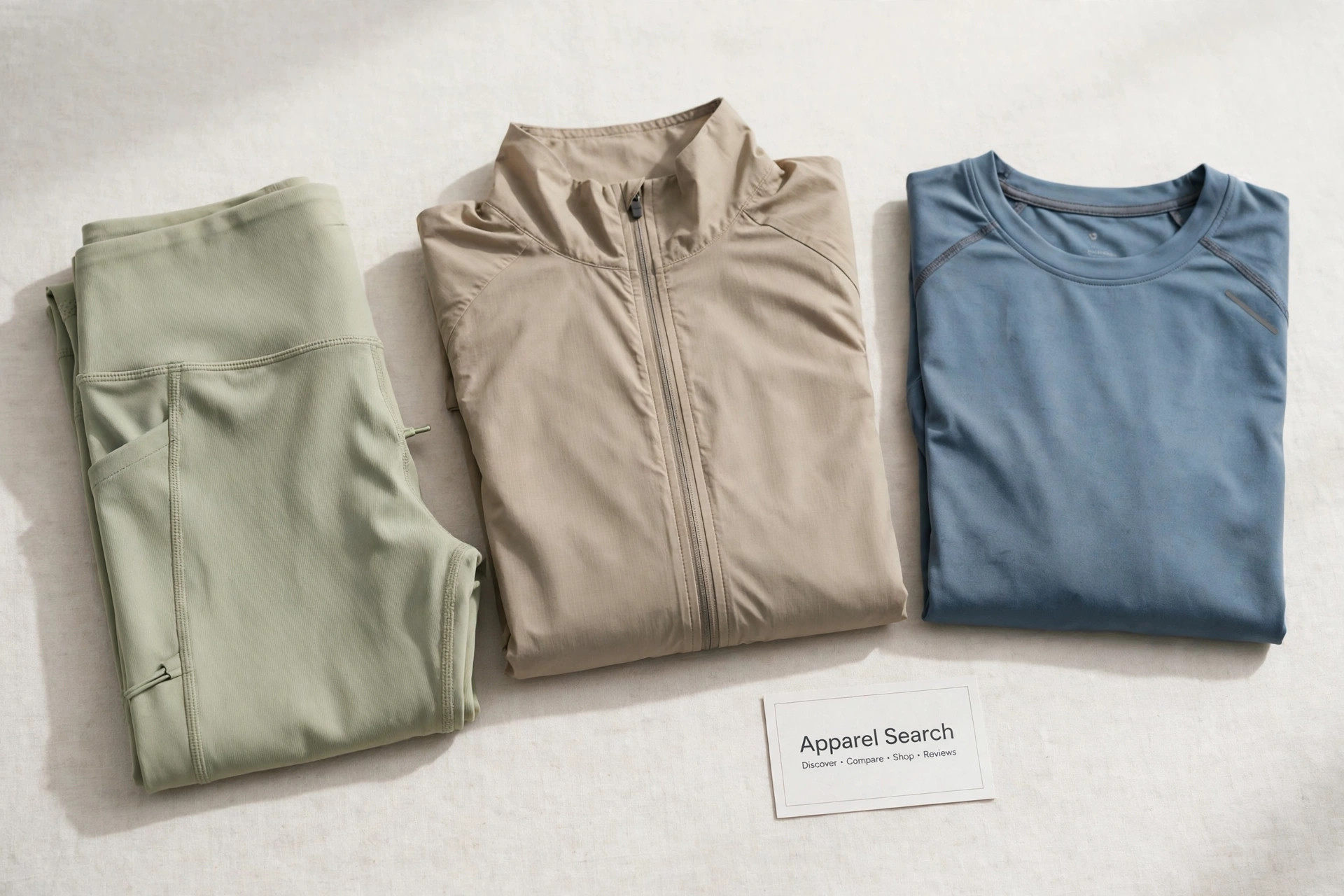 Neatly folded technical athletic leggings, tops and running layers in muted colours on a clean studio surface with a small Apparel Search card, product photography with no people