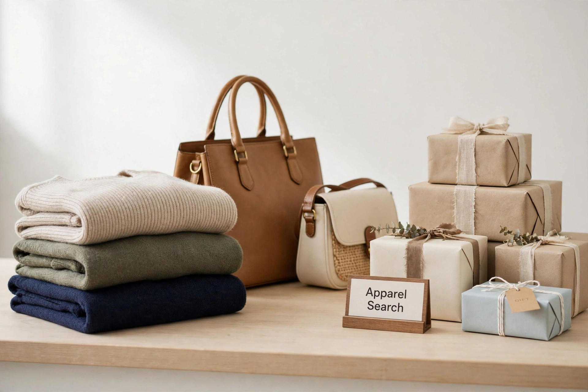 A department store display of folded apparel, handbags and boxed gifts under bright lights with a small Apparel Search sign on a counter, product photography with no people