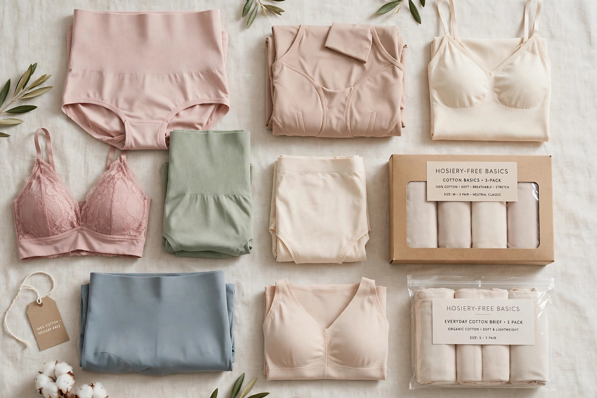 A neat flat lay of folded intimate apparel garments, shapewear pieces and packaged hosiery-free basics in soft colours on a clean table, product photography only with no people and no mannequins
