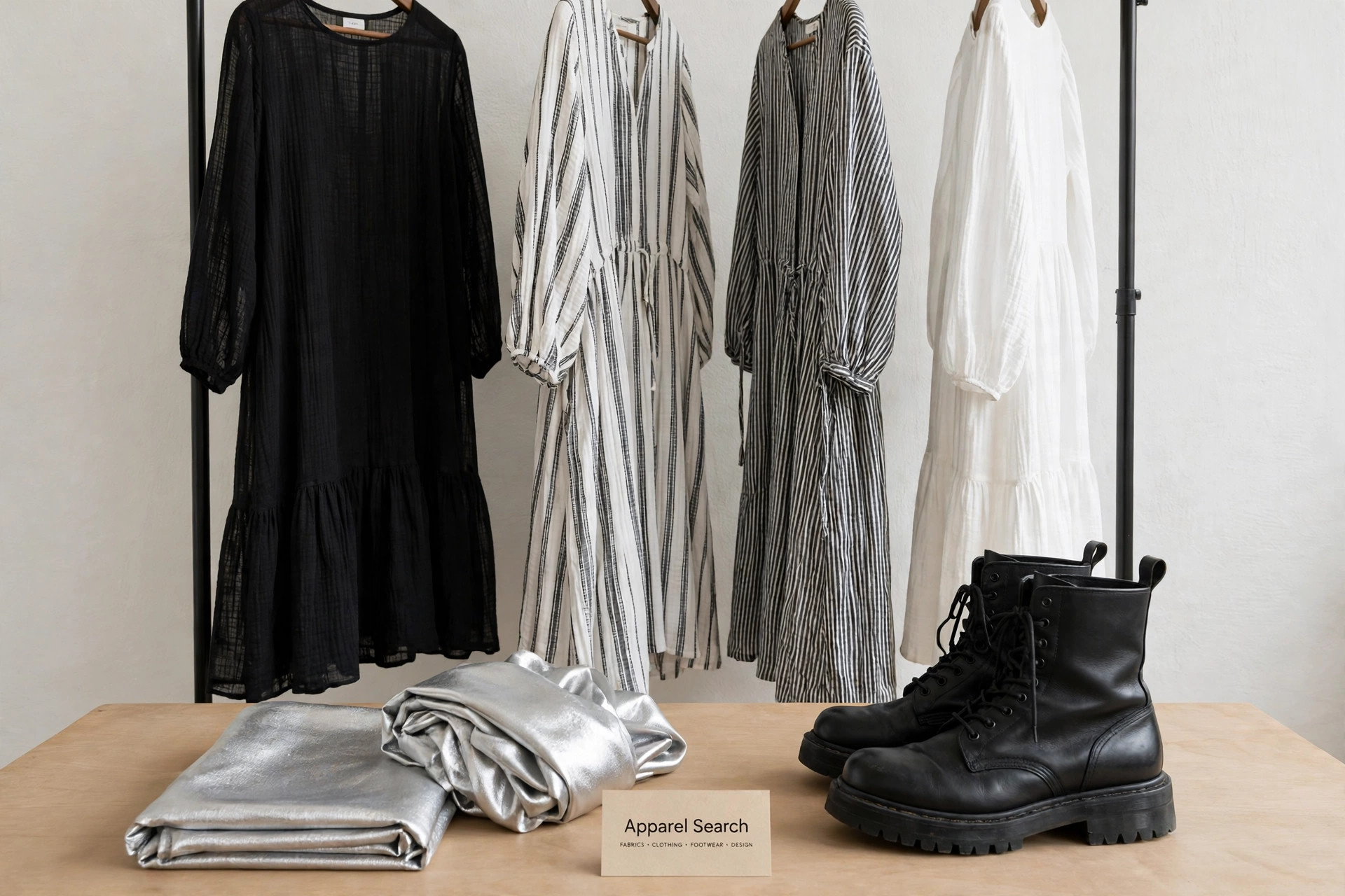 A designer studio rail with long black and white muslin dresses, silver fabric and heavy boots arranged on a table with a small Apparel Search card, product photography with no people