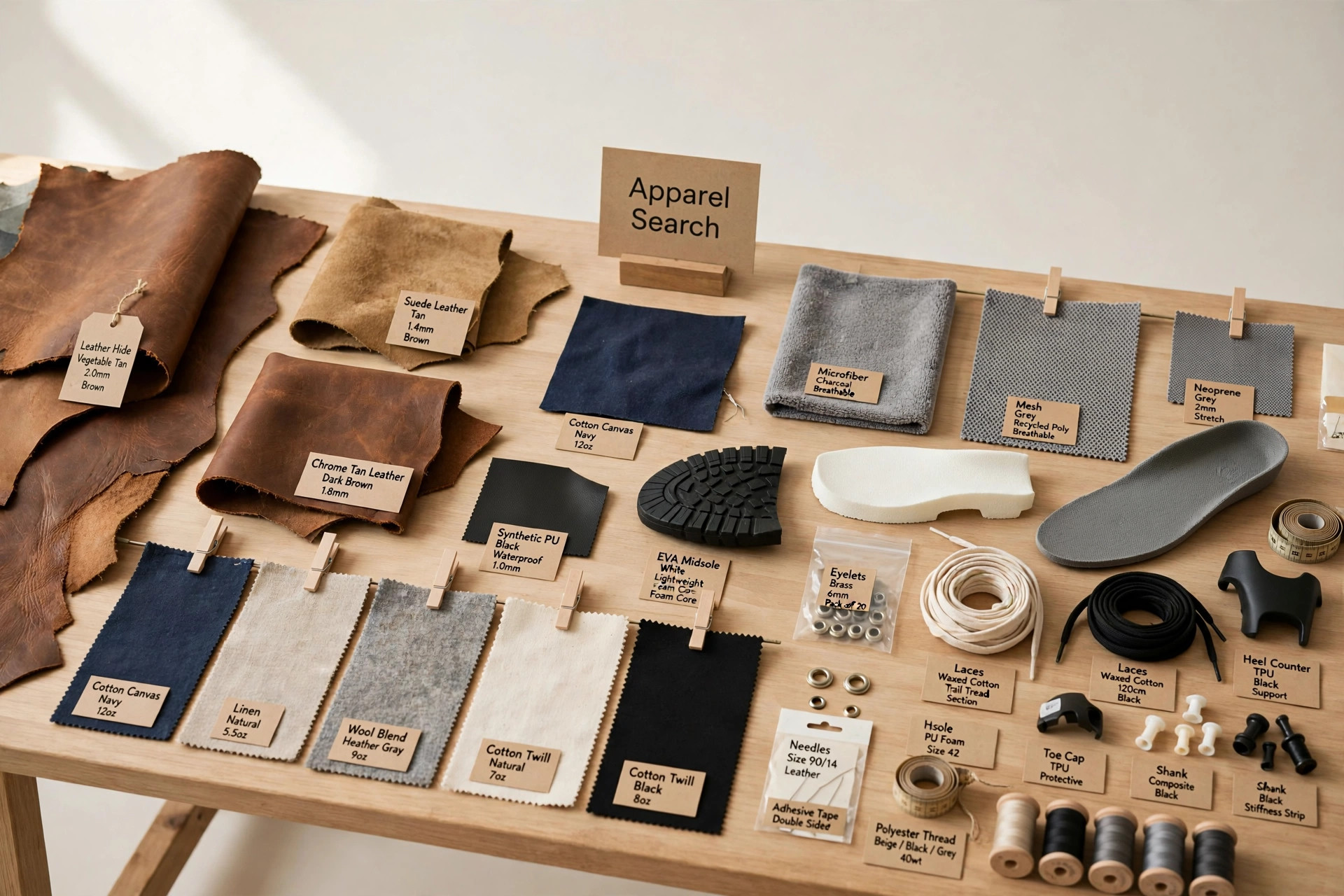 A trade show materials display with leather hides, textile swatches, synthetic samples and footwear components laid out on a long table and a small Apparel Search sign, product photography with no people