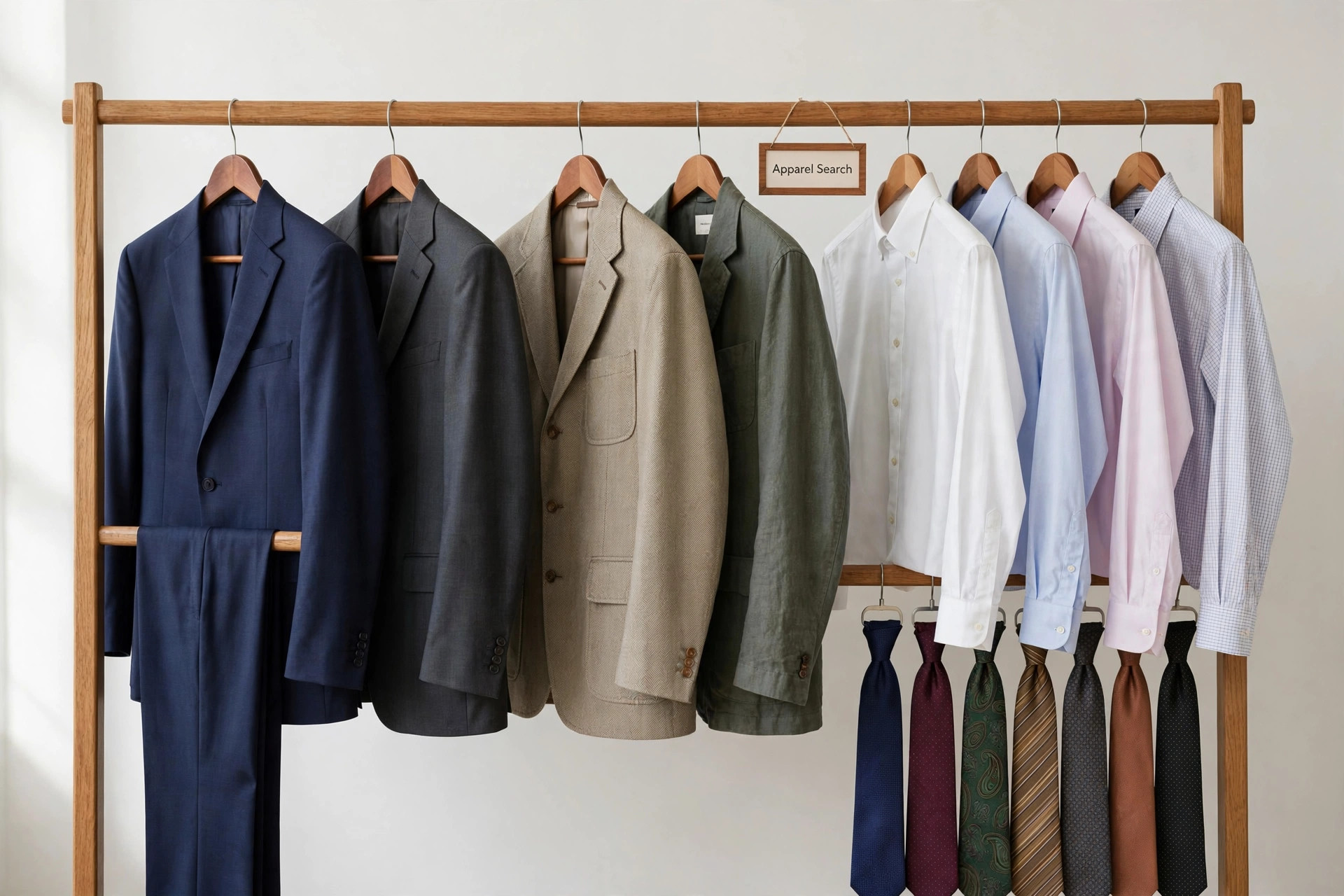 A menswear store rail with tailored suits, sport coats, dress shirts and ties in rows and a small Apparel Search sign, product photography with no people