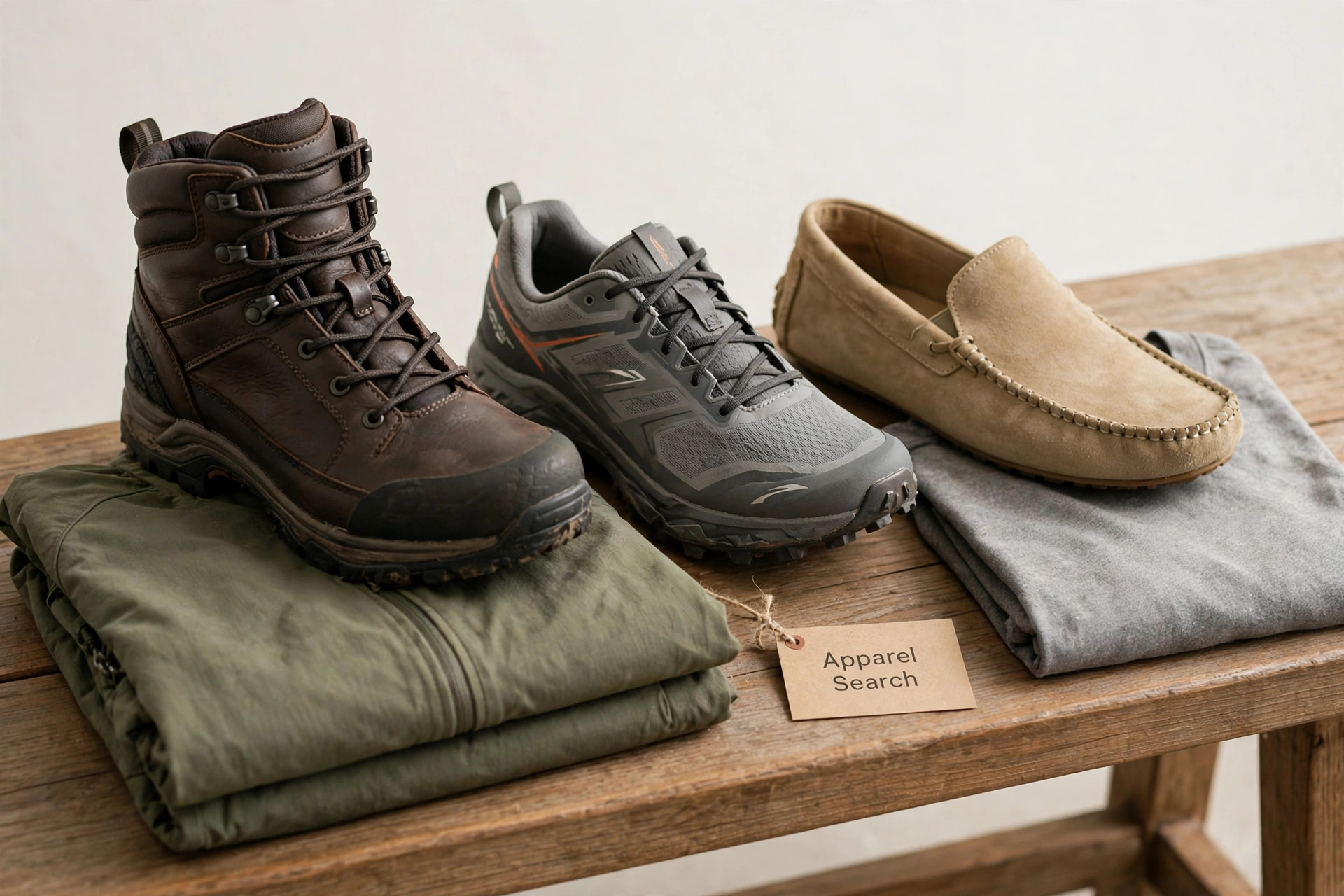 A display of outdoor hiking boots, trail shoes and a slip-on moc on a wooden studio bench with folded apparel and a small Apparel Search tag, product photography with no people