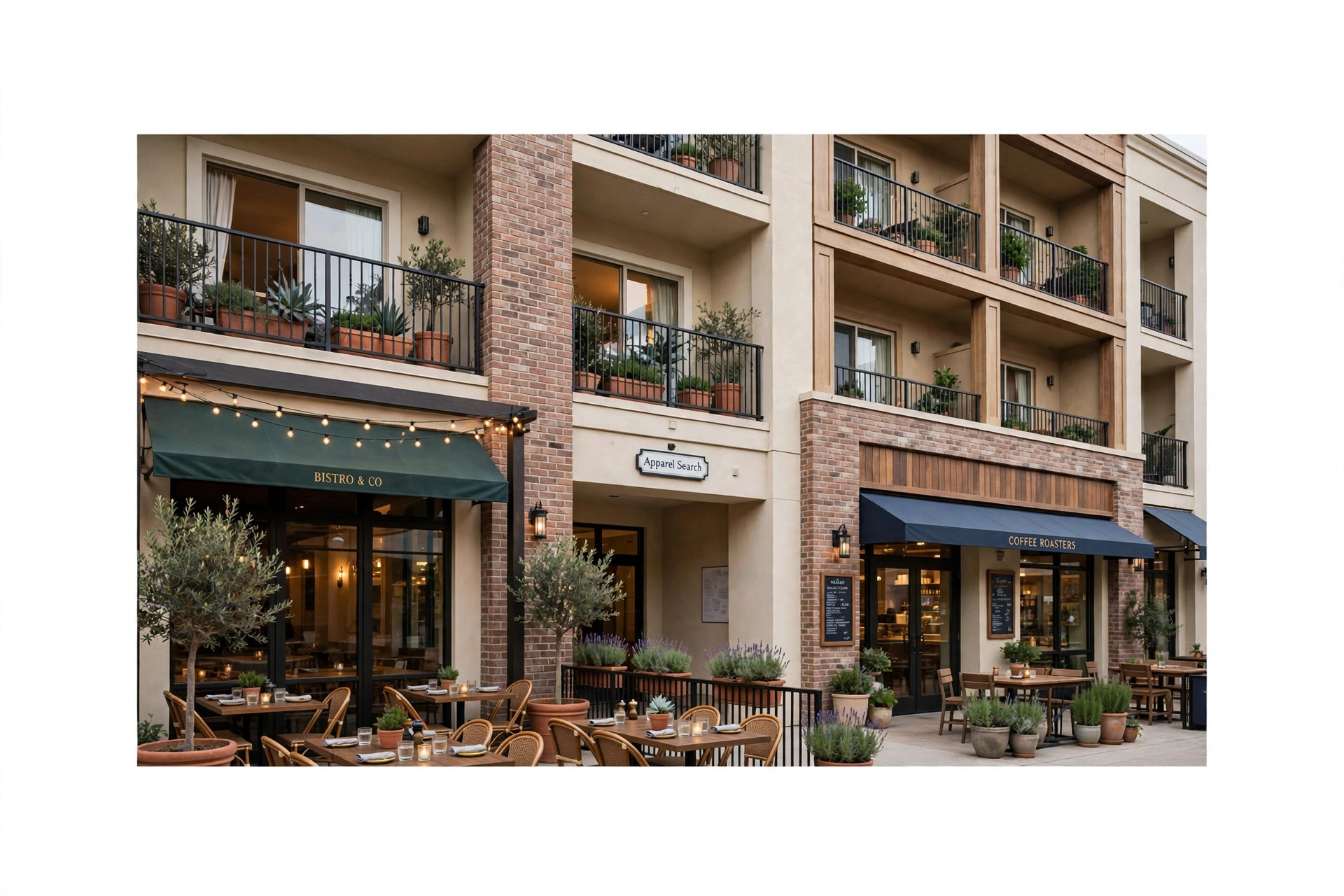 A Dallas mixed-use shopping village street with storefronts, restaurant patios and apartment balconies above and a small Apparel Search sign, product photography with no people