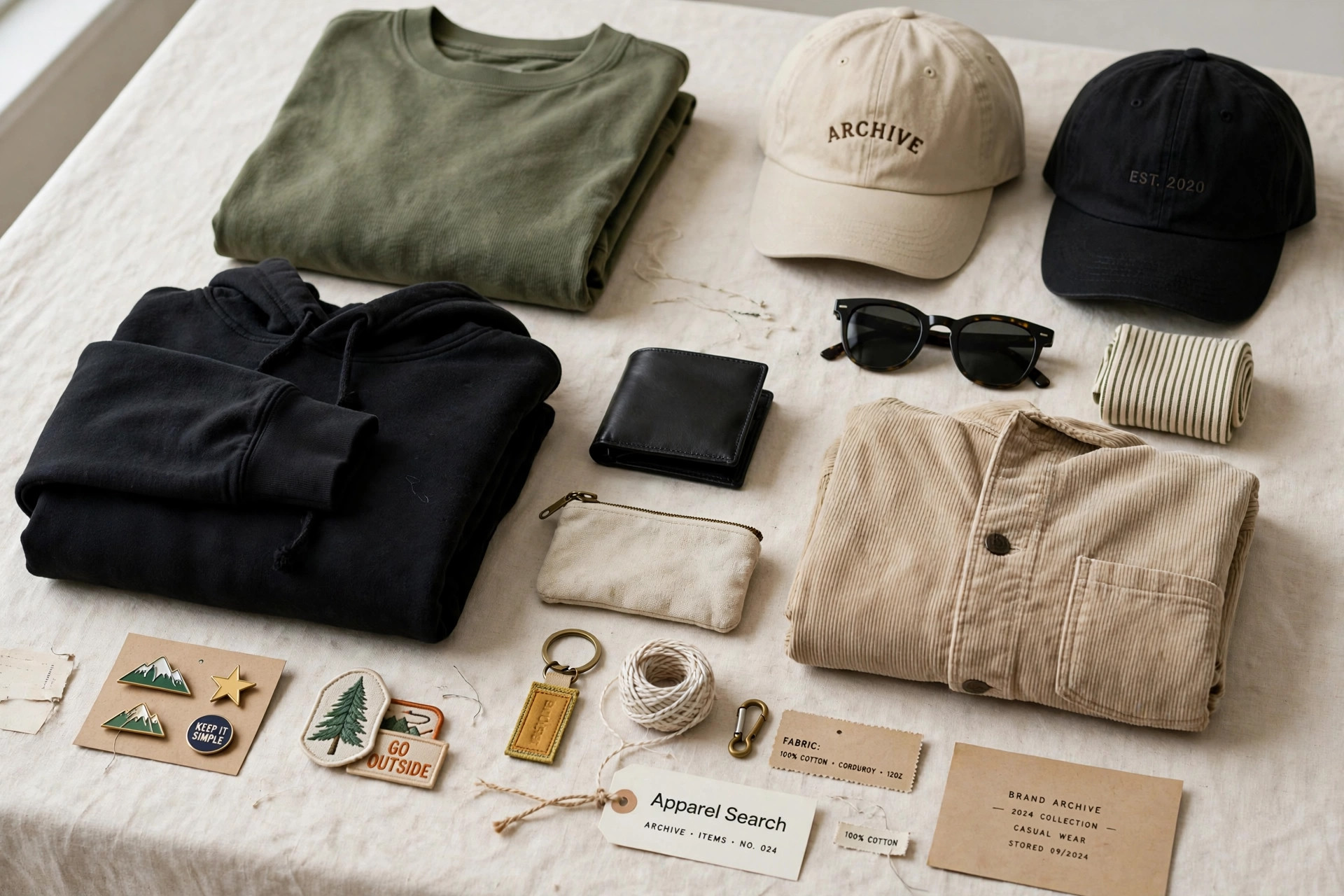 Folded casual apparel, caps and accessories arranged as a brand archive display on a studio table with a small Apparel Search tag, product photography with no people